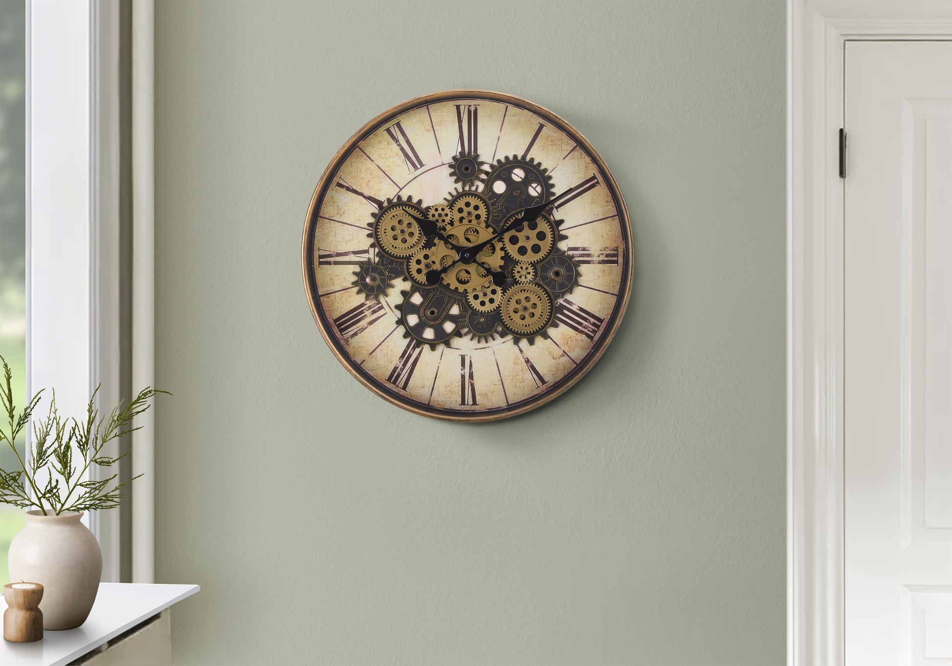CLOCKS - 20"DIA / GEAR MECHANISM WALL CLOCK / BROWN-Clocks-DECOROLALA
