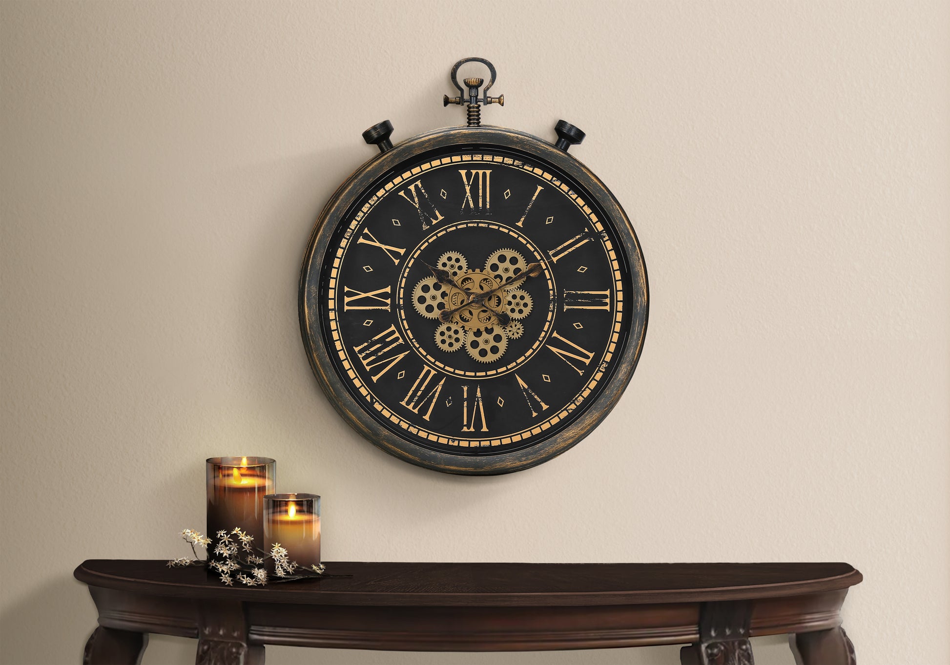 CLOCKS - 24"DIA / GEAR MECHANISM WALL CLOCK / BROWN-Clocks-DECOROLALA