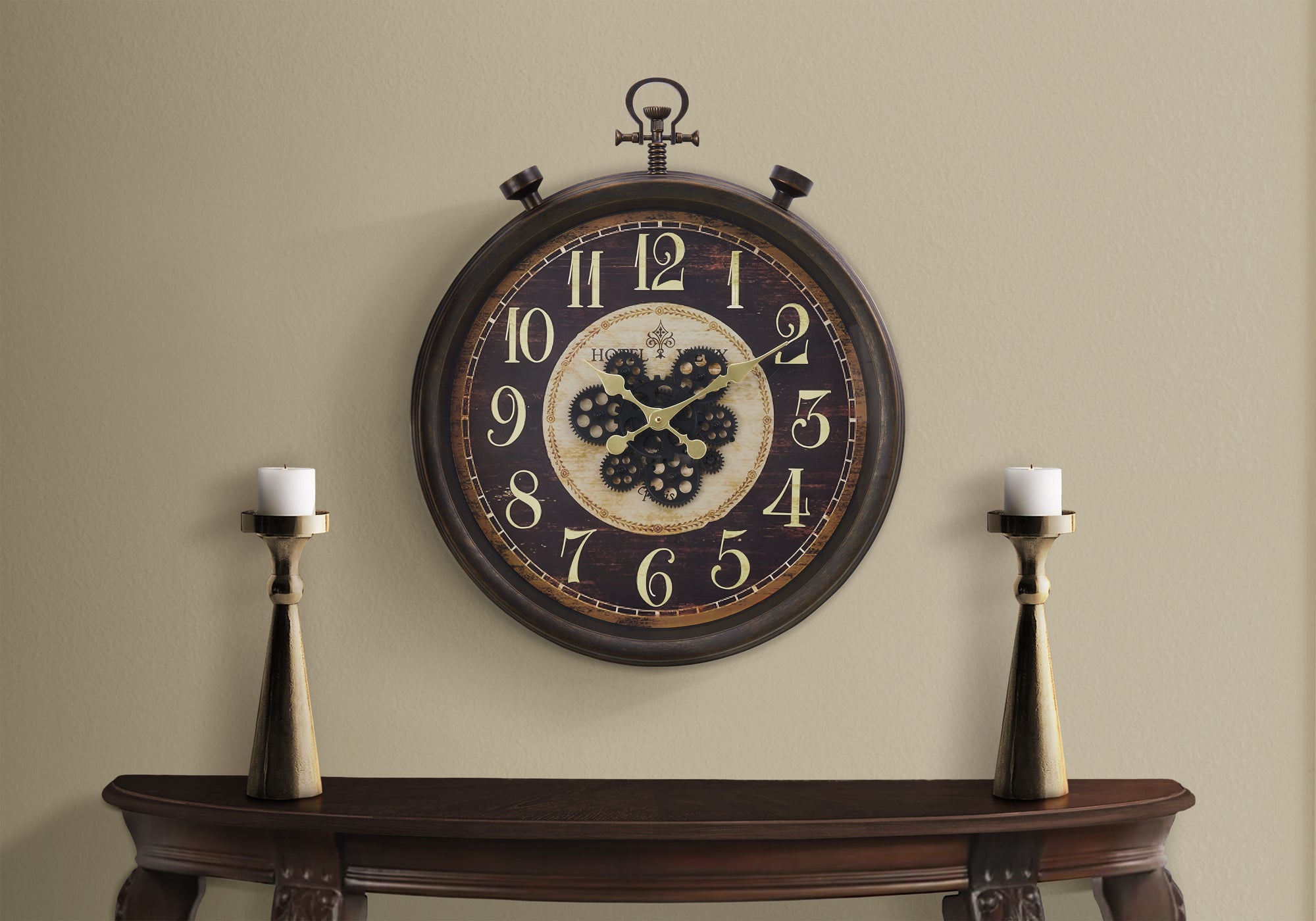 CLOCKS - 24"DIA / GEAR MECHANISM WALL CLOCK / BROWN-Clocks-DECOROLALA