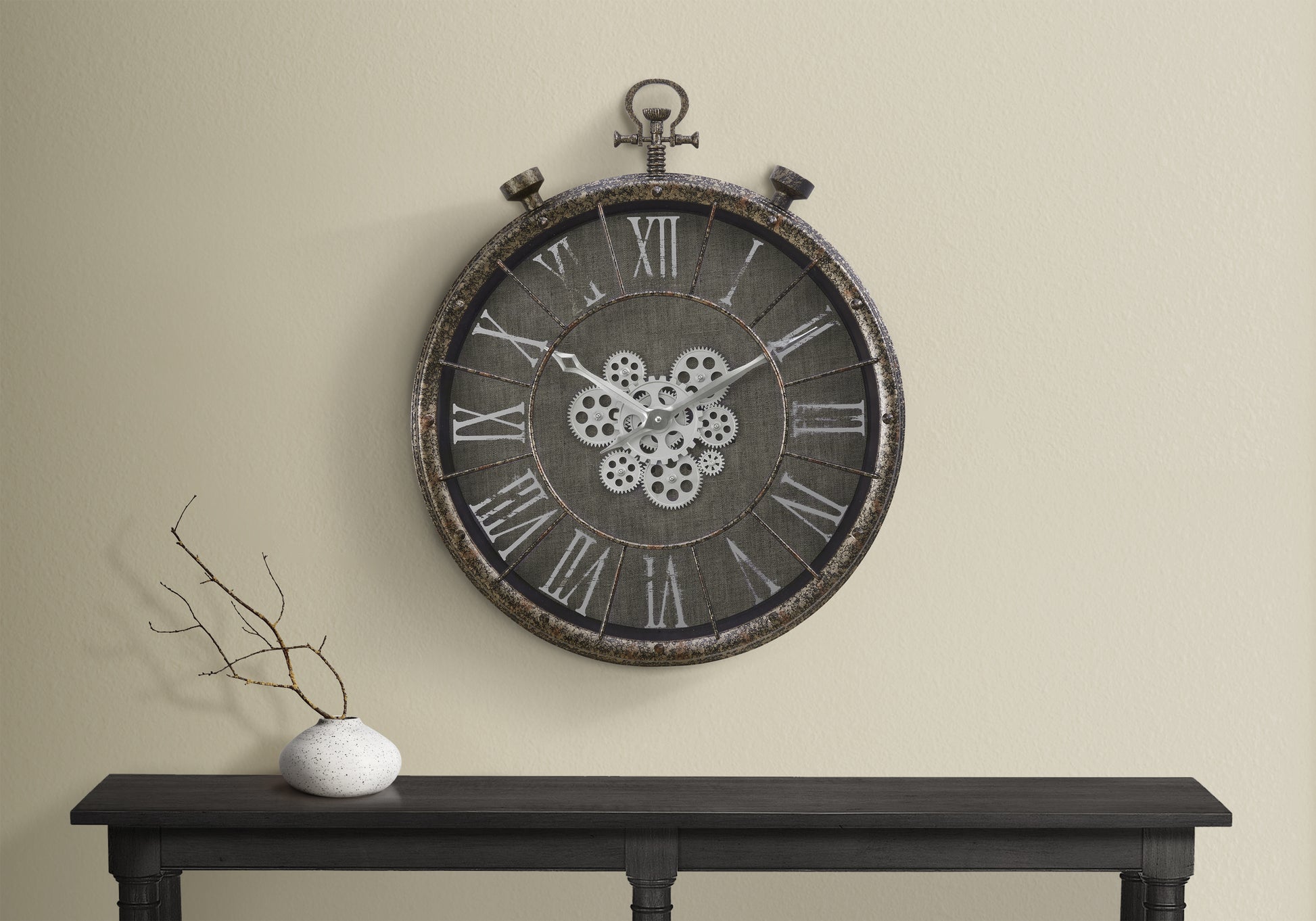 CLOCKS - 24"DIA / GEAR MECHANISM WALL CLOCK / GREY-Clocks-DECOROLALA