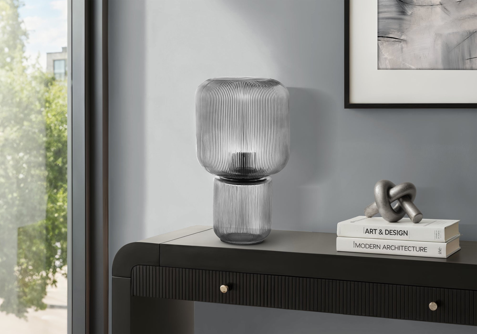 15" Ribbed Tinted Glass Table Lamp - Contemporary Design