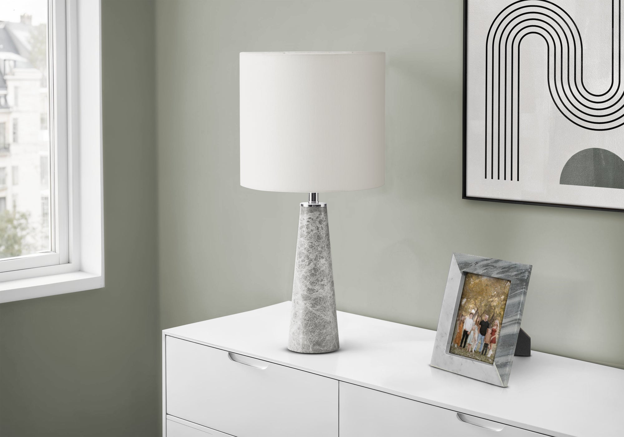 Contemporary Grey Marble Table Lamp - 22"H White Fabric Shade