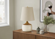 Contemporary Beige Ceramic Table Lamp with Wood Accent - 19"H