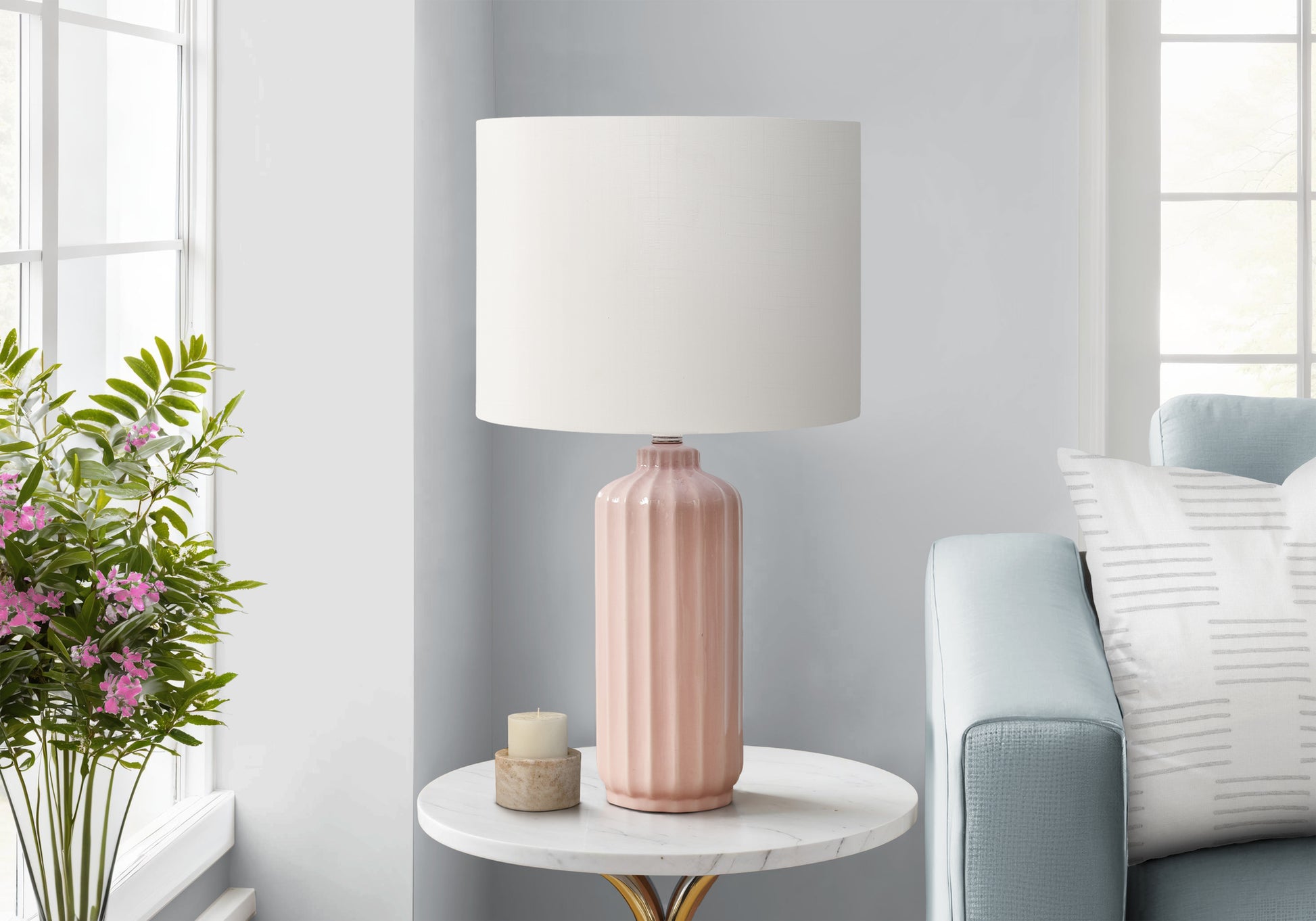Lighting - 23"H Table Lamp Blue Ceramic / Ivory Shade-Lighting-DECOROLALA