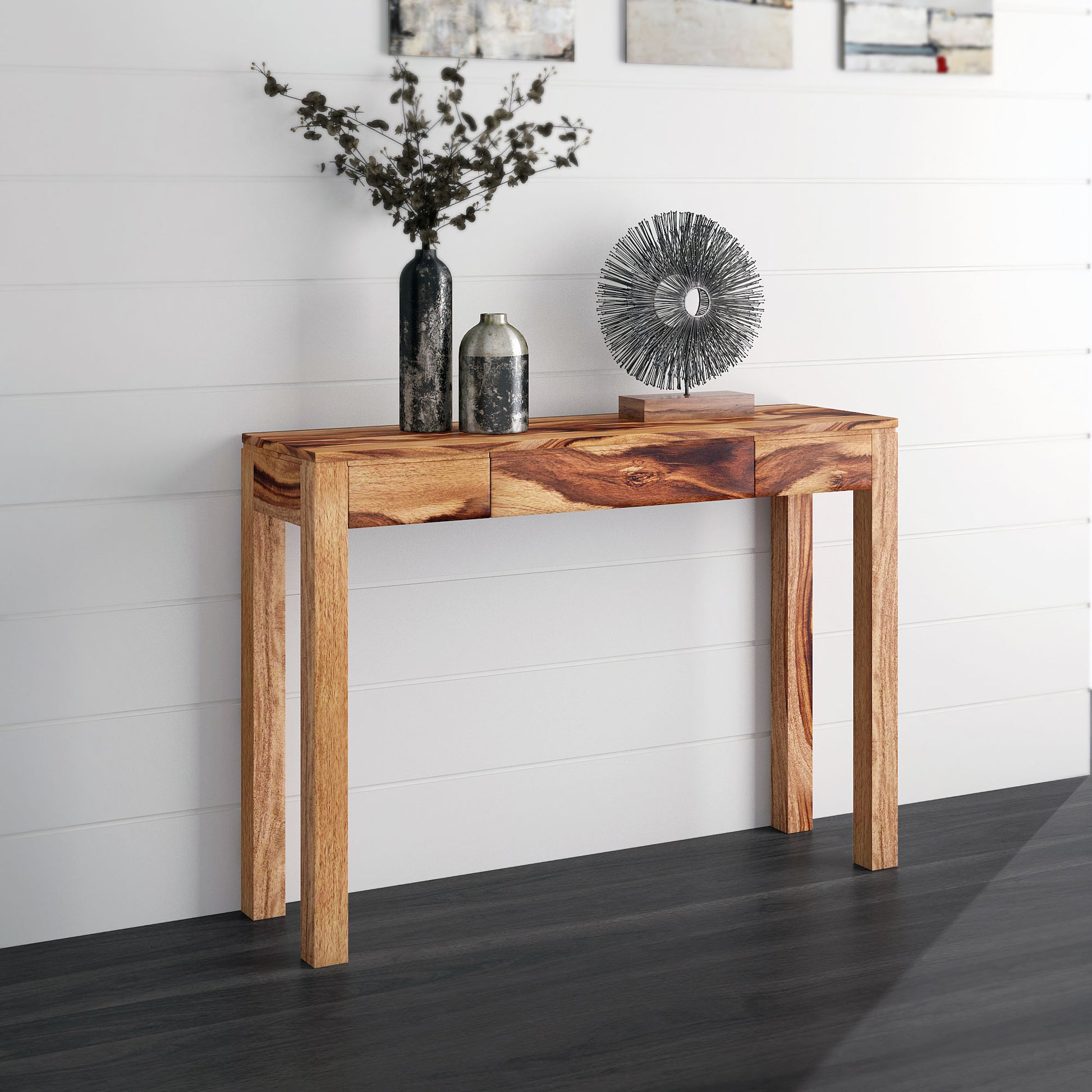 Idris Console Desk - Dark Sheesham Solid Wood 1-Drawer-Console Table-DECOROLALA