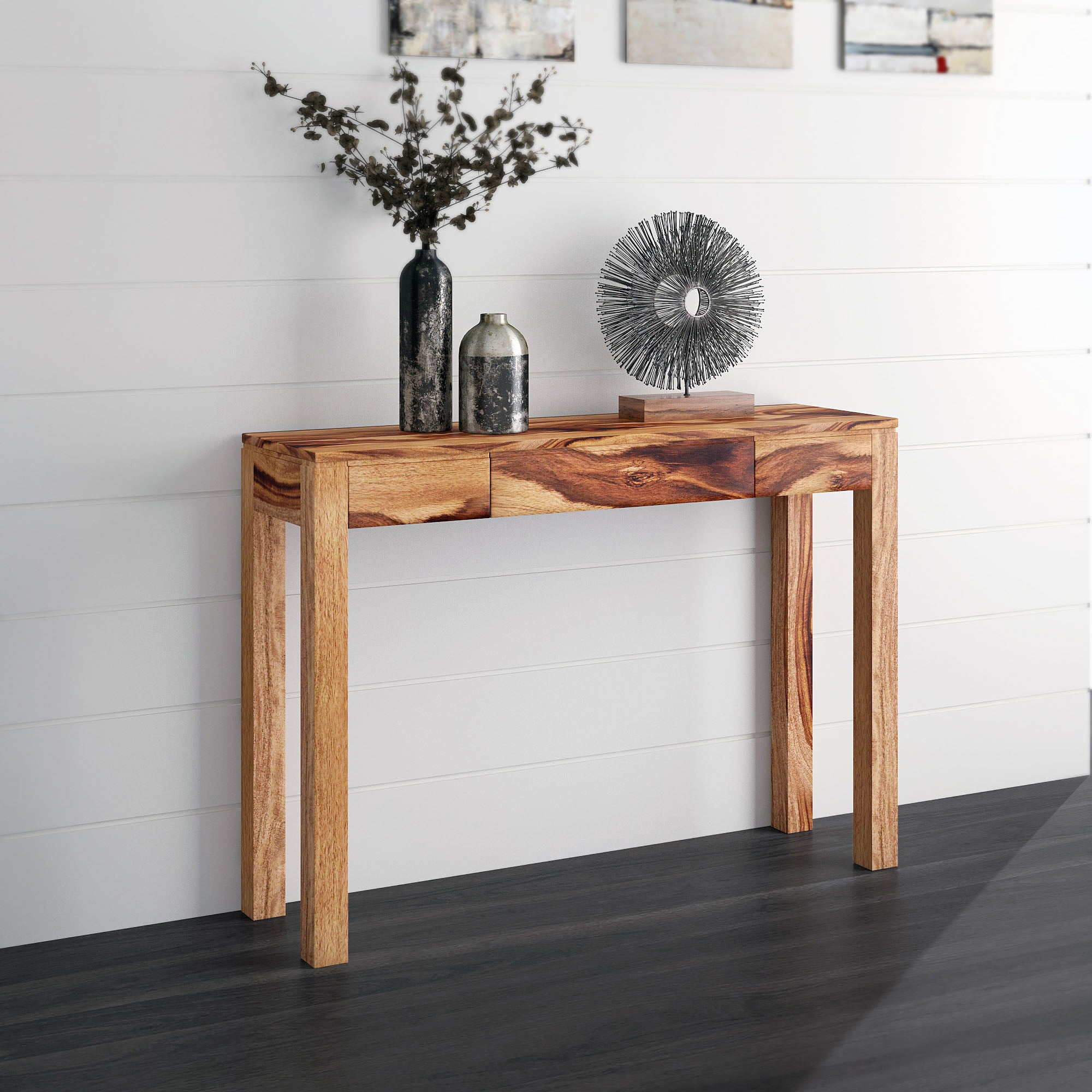 Idris Console Desk - Dark Sheesham Solid Wood 1-Drawer-Console Table-DECOROLALA
