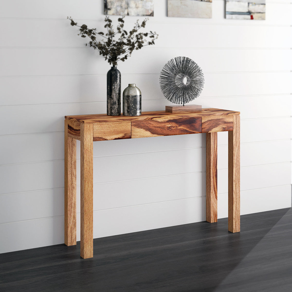 Idris Console Desk - Dark Sheesham Solid Wood 1-Drawer-Console Tables-DECOROLALA