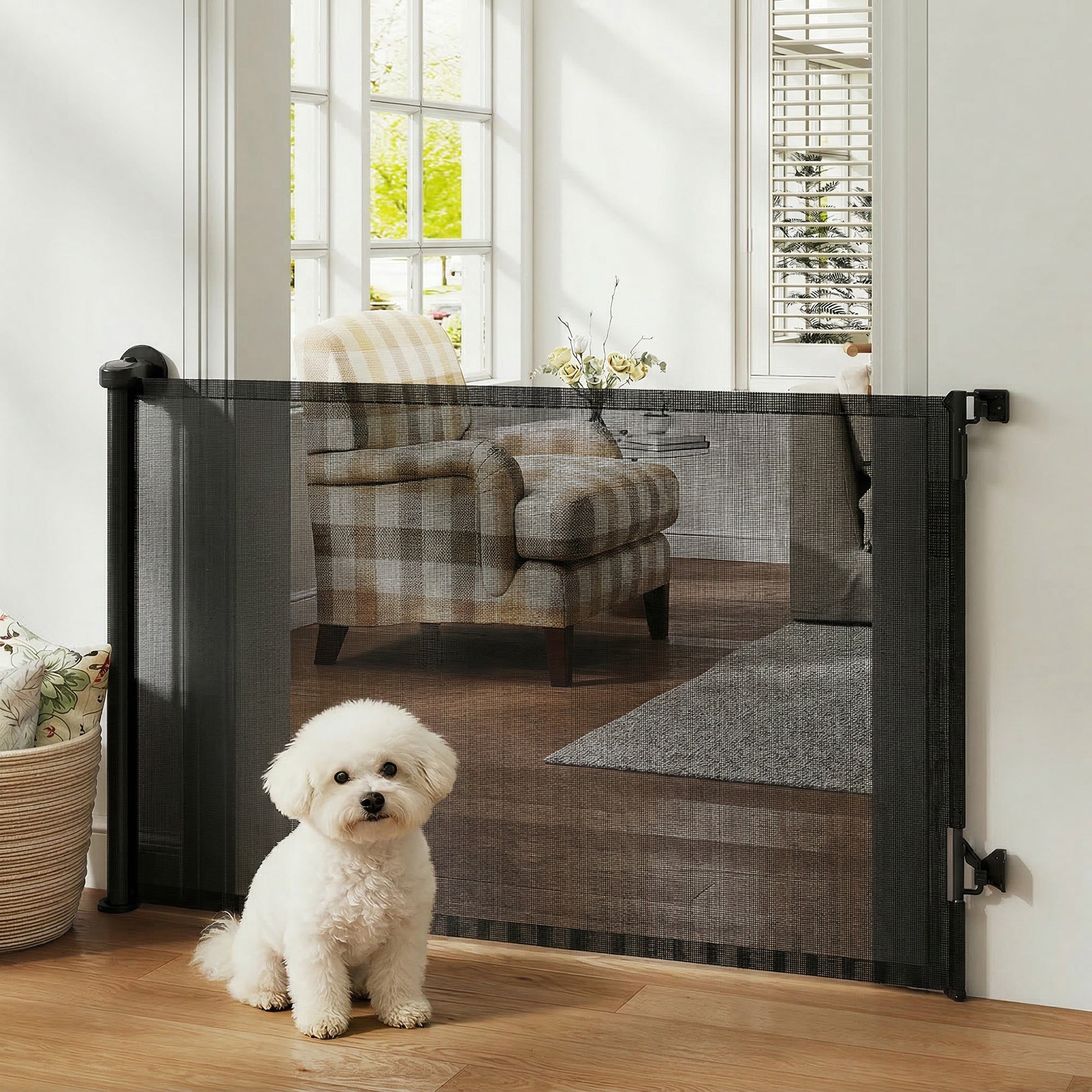 Retractable Dog Gate, 36.6" Tall,  Extends to 55" Wide, Mesh Pet Gate with Single Hand Operation, for Stairs, Doorways