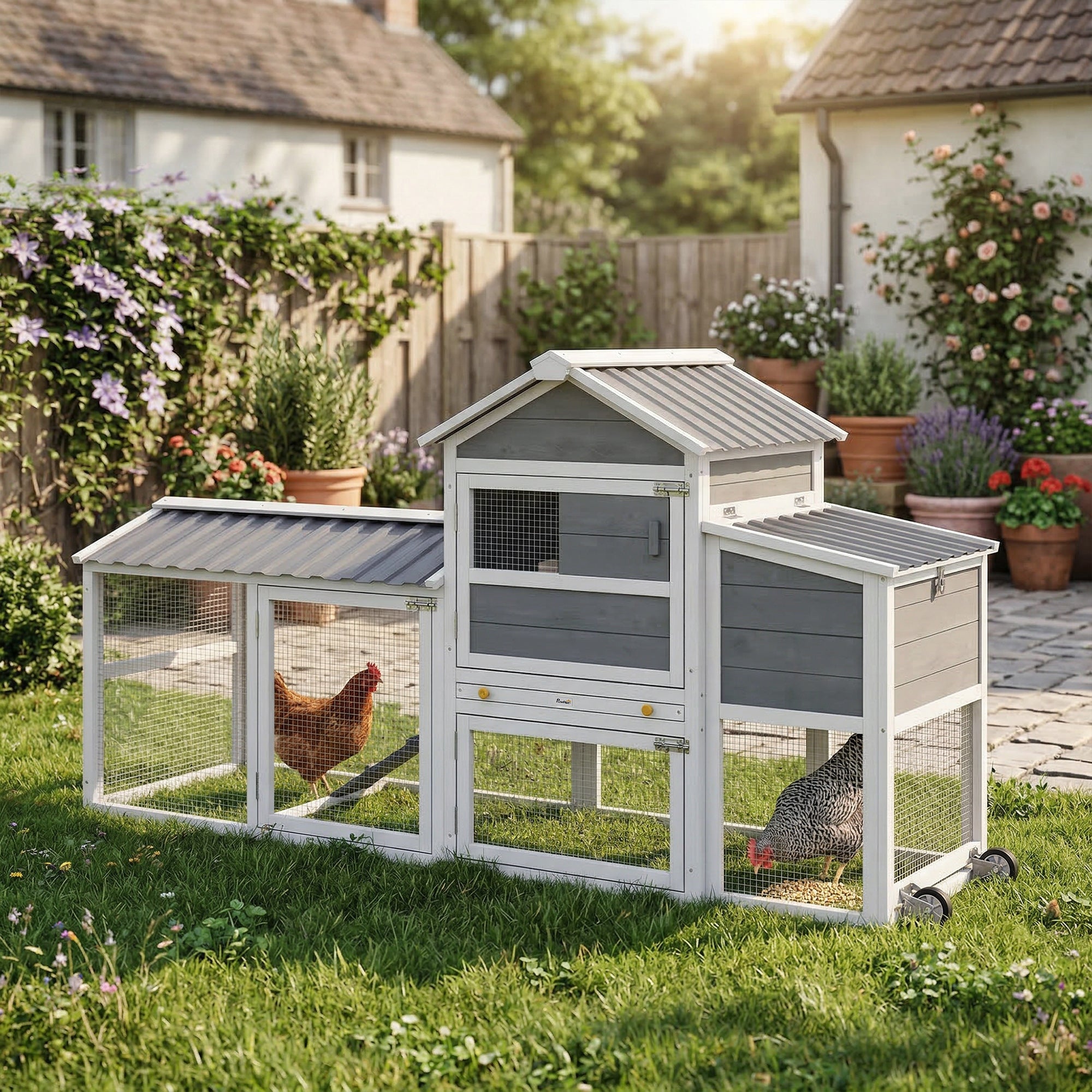 Chicken Coop with Wheels, 80" L Mobile Hen House with Run, Outdoor Wooden Chicken House with Nesting Box, Tray, Ramp