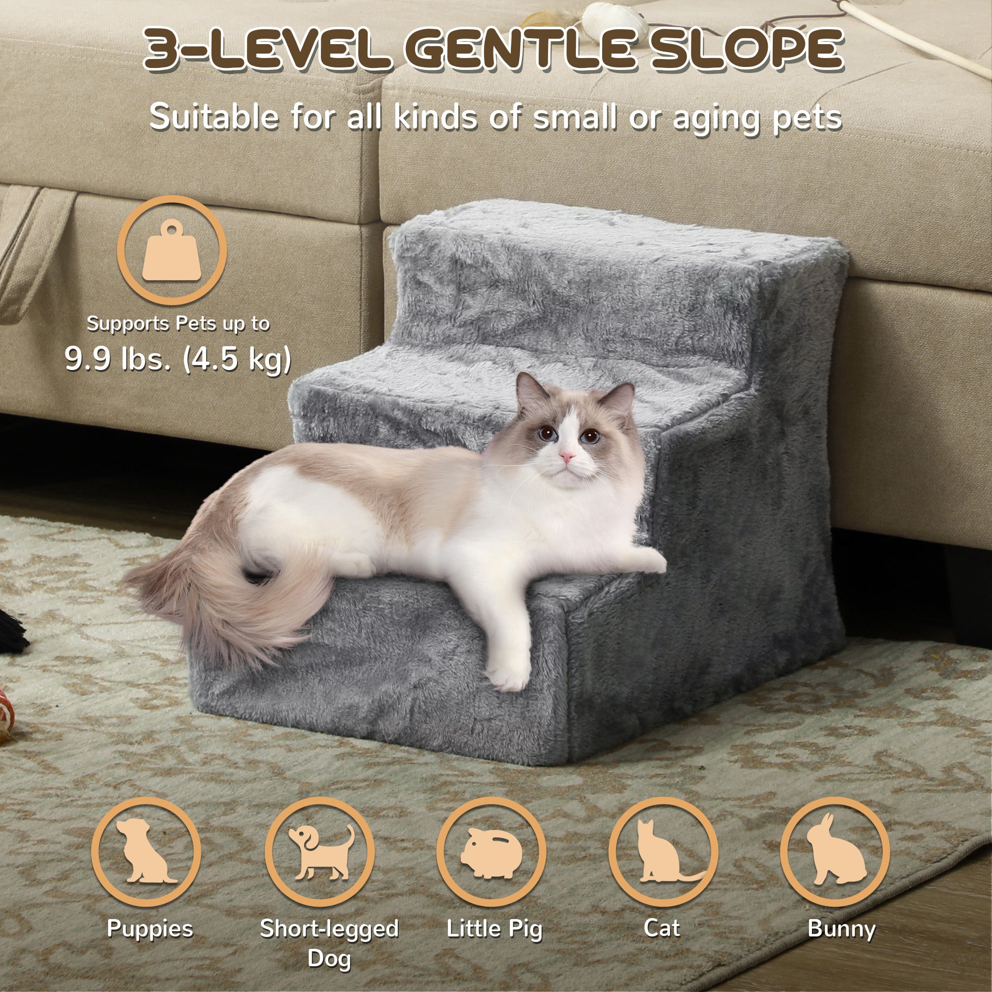 3-Step Dog Ramp for Sofa, Bed, and Couch, with Removable Cover, Light Grey