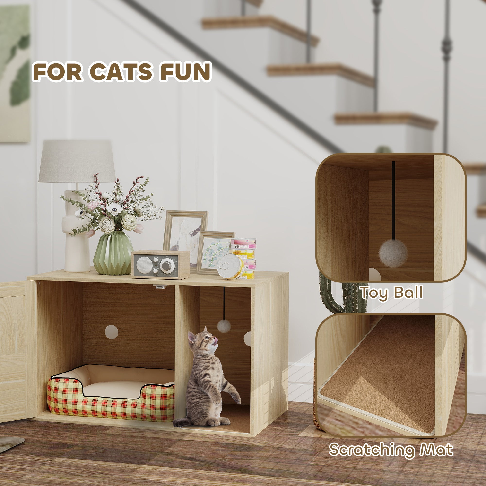 Cat Litter Box Enclosure, Cat Washroom End Side Table with Rattan Door, Scratching Pad, Non-slip Foot Pads, Oak