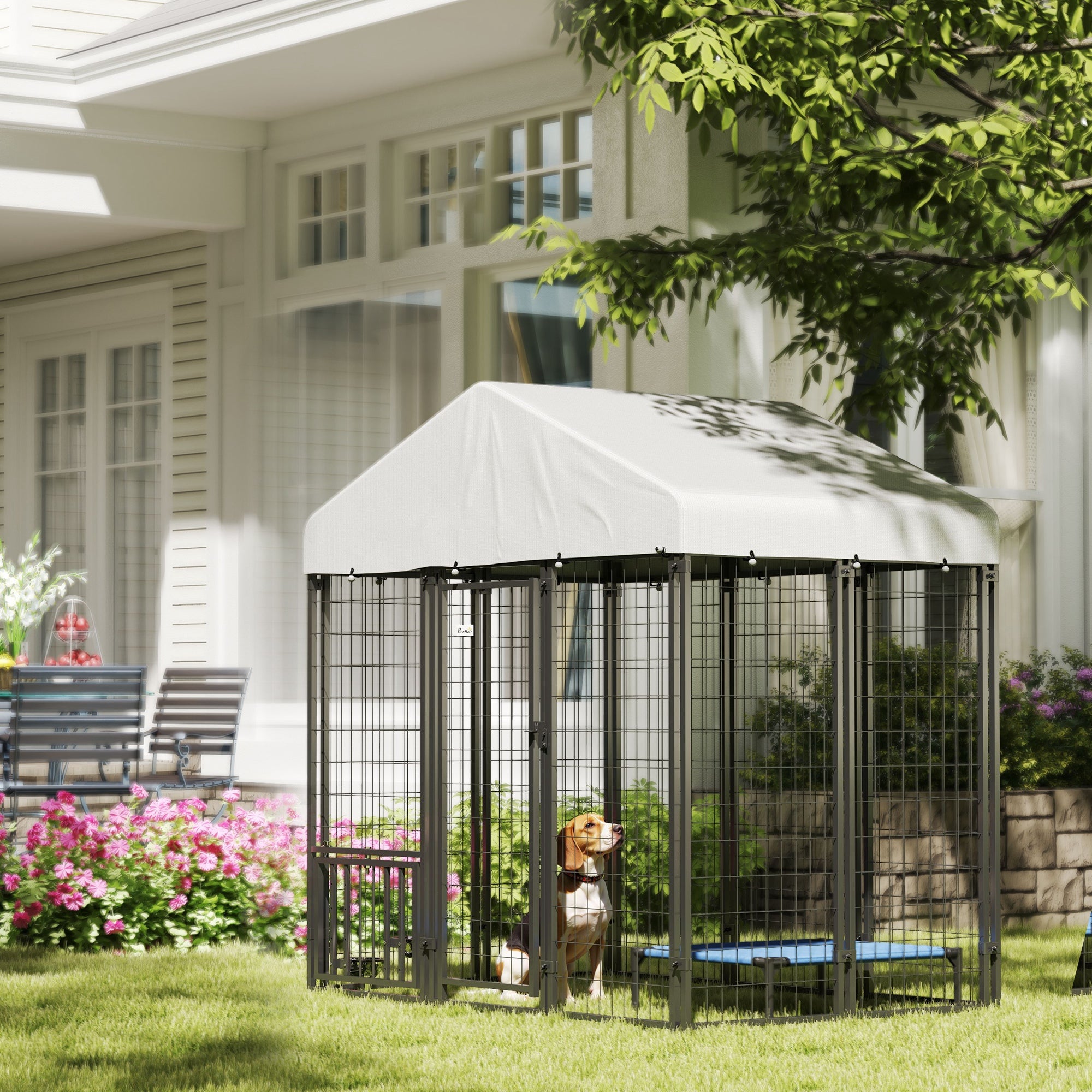 Outdoor Dog Kennel with Waterproof UV-Resistant Cover, Rotating & 4-Level Adjustable Feeding Bowls, 5.9 x 4 x 6 ft