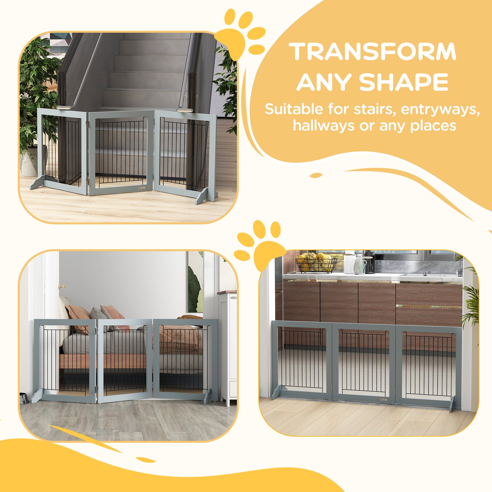 Freestanding Pet Gate, Folding Dog Gate with 2 Support Feet, 24" High, 3 Panels, for Small Dogs, Indoor Use - Grey
