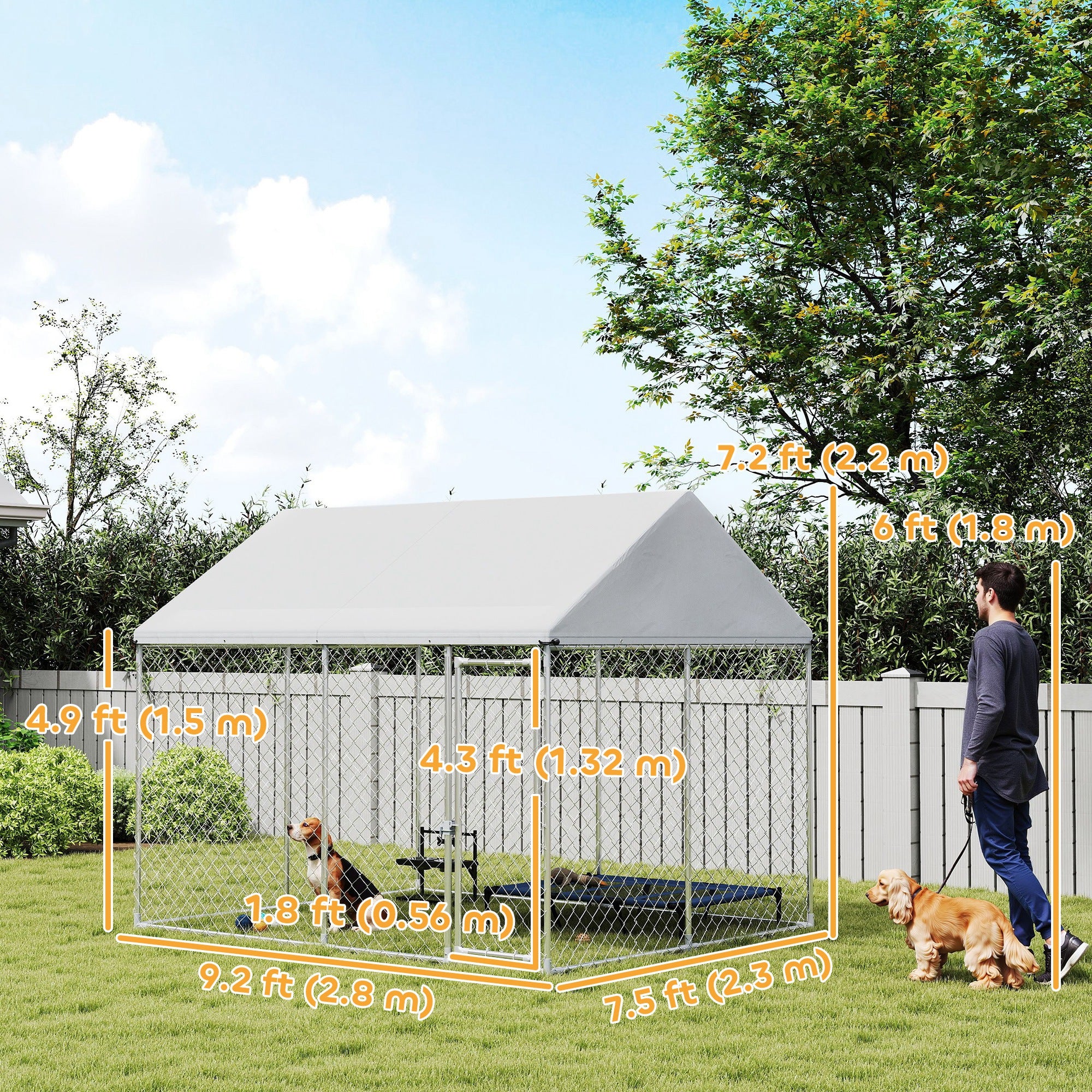 Chenil extérieur robuste pour chien en acier galvanisé avec toit étanche, système de loquet verrouillable sécurisé, 9,2' x 7,5' x 7,2'