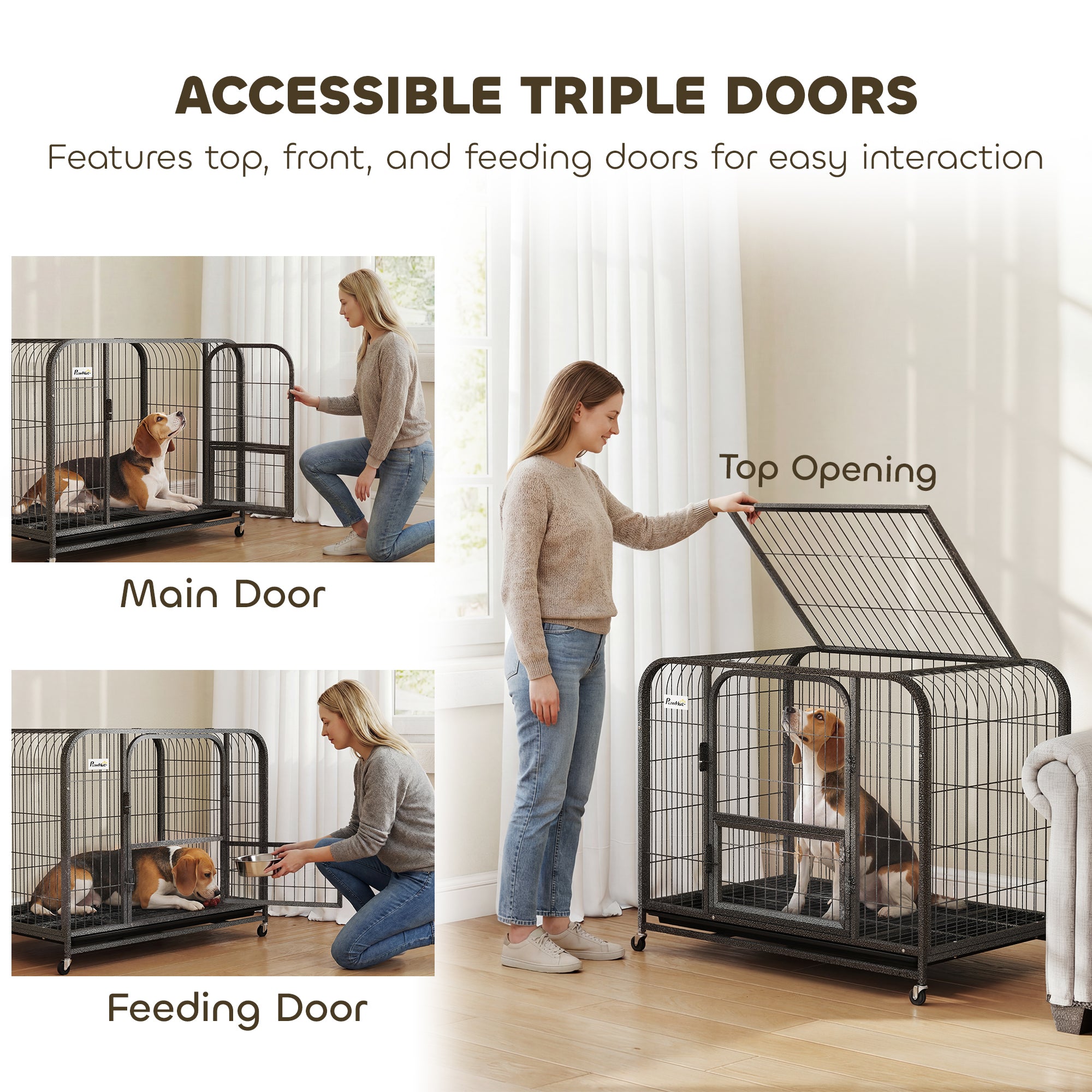 37 Inch Heavy Duty Dog Crate, Large Metal Dog Cage with Lockable Wheels and Removable Tray
