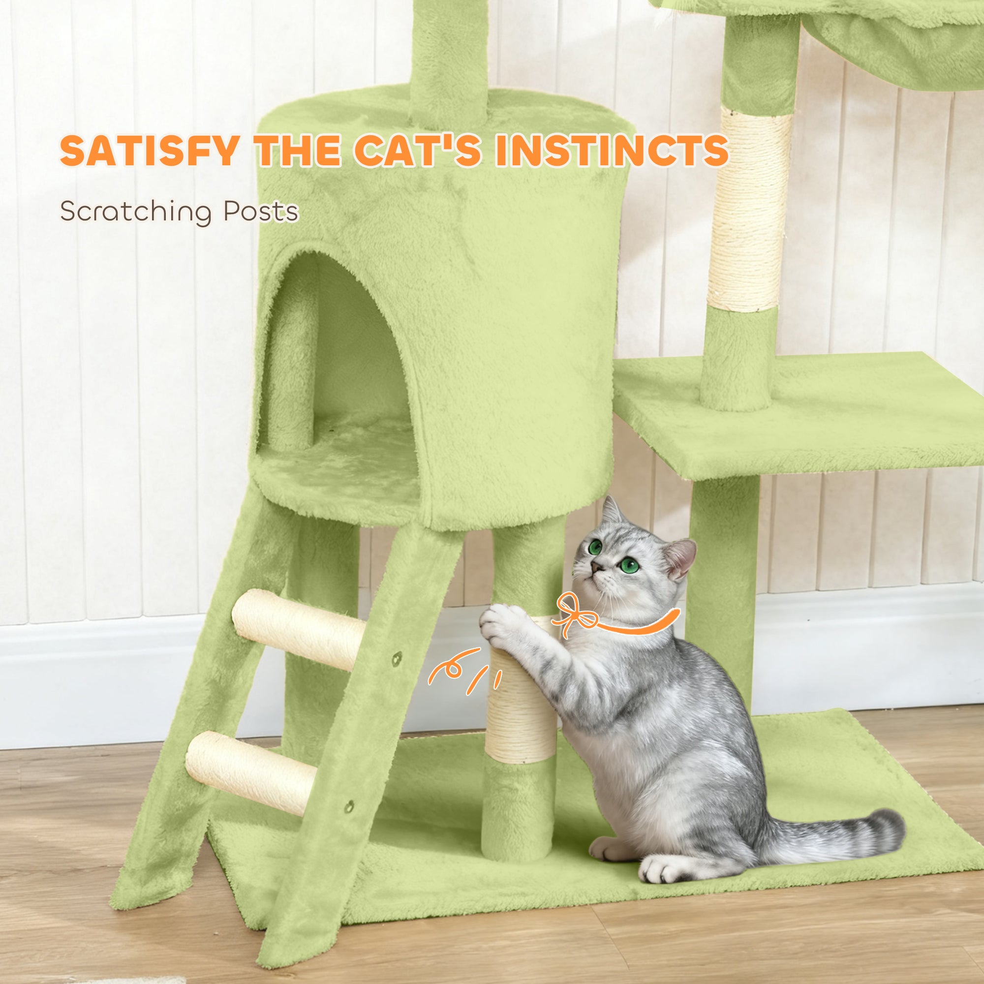 53" Cat Tree Tower, Kitten Activity Centre with Scratching Posts, Condo, Perches, Ladder, Hammock, Dangling Toys, Green