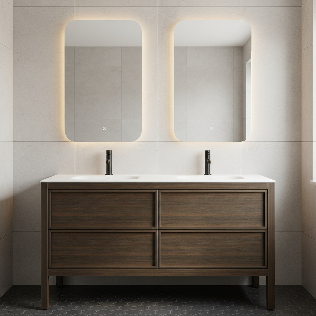 60" Smoked Oak Freestanding Double Sink Bathroom Vanity with White Solid Surface Countertop