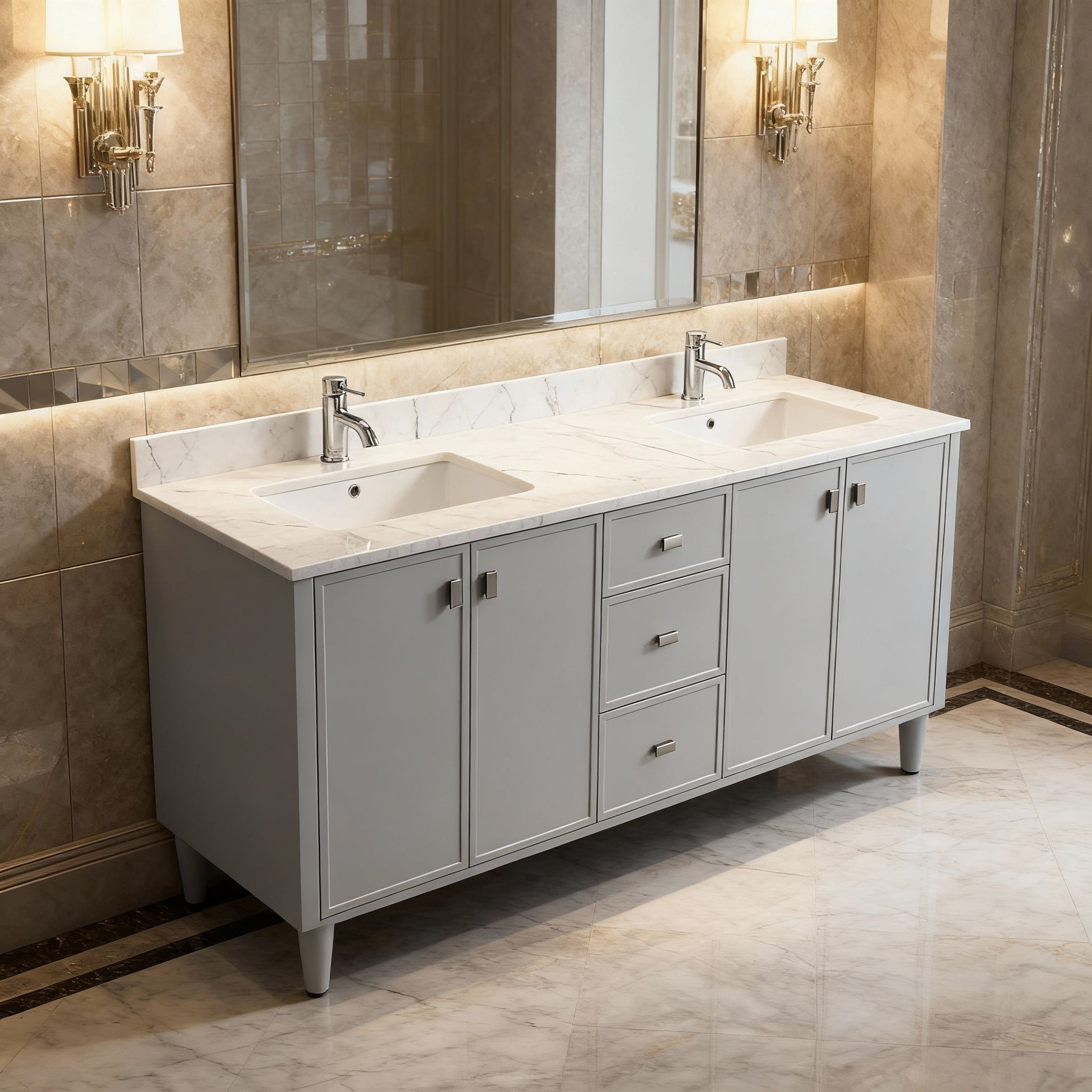 72" Hampton Grey Double Sink Freestanding Vanity with Engineered Calcutta Marble