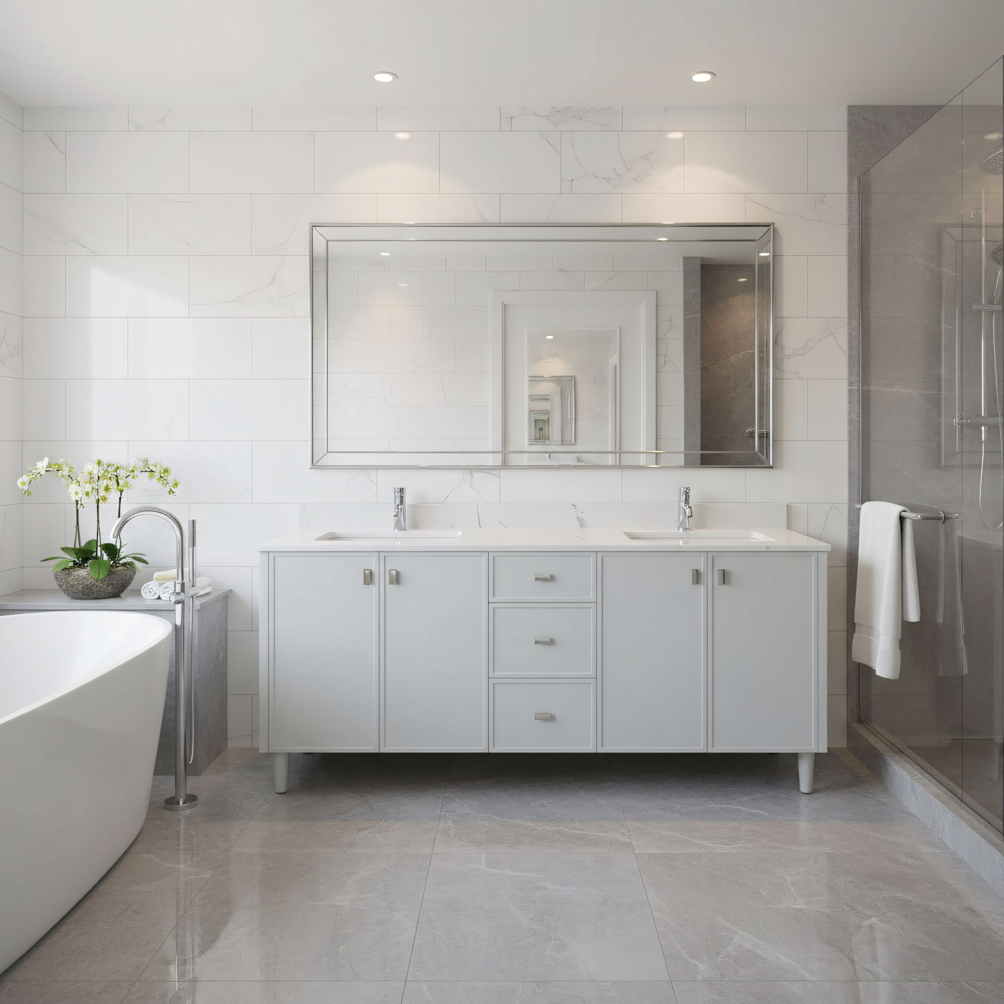72" Hampton Grey Double Sink Freestanding Vanity with Engineered Calcutta Marble