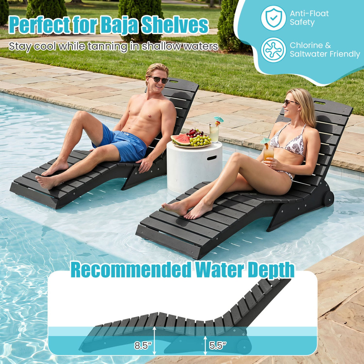 In-Pool Lounge Chair with Weighted Anti-Floating Design 450 LBS for Baja Shelf-Dark Gray-Outdoor Chaise Lounges-DECOROLALA