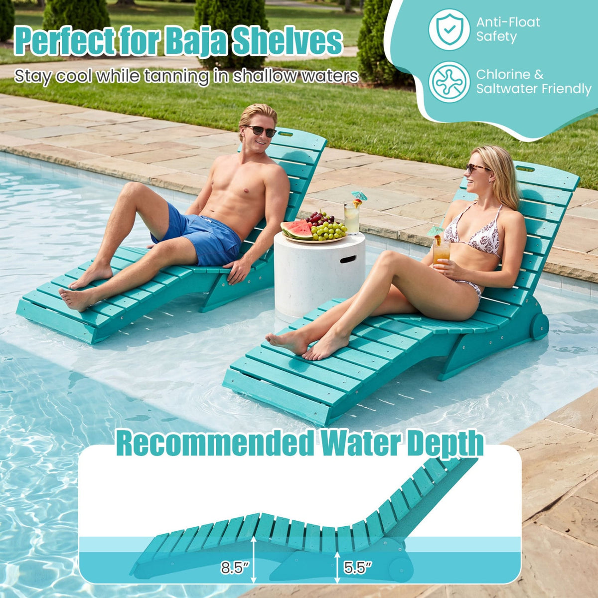 In-Pool Lounge Chair with Weighted Anti-Floating Design 450 LBS for Baja Shelf-Turquoise-Outdoor Chaise Lounges-DECOROLALA