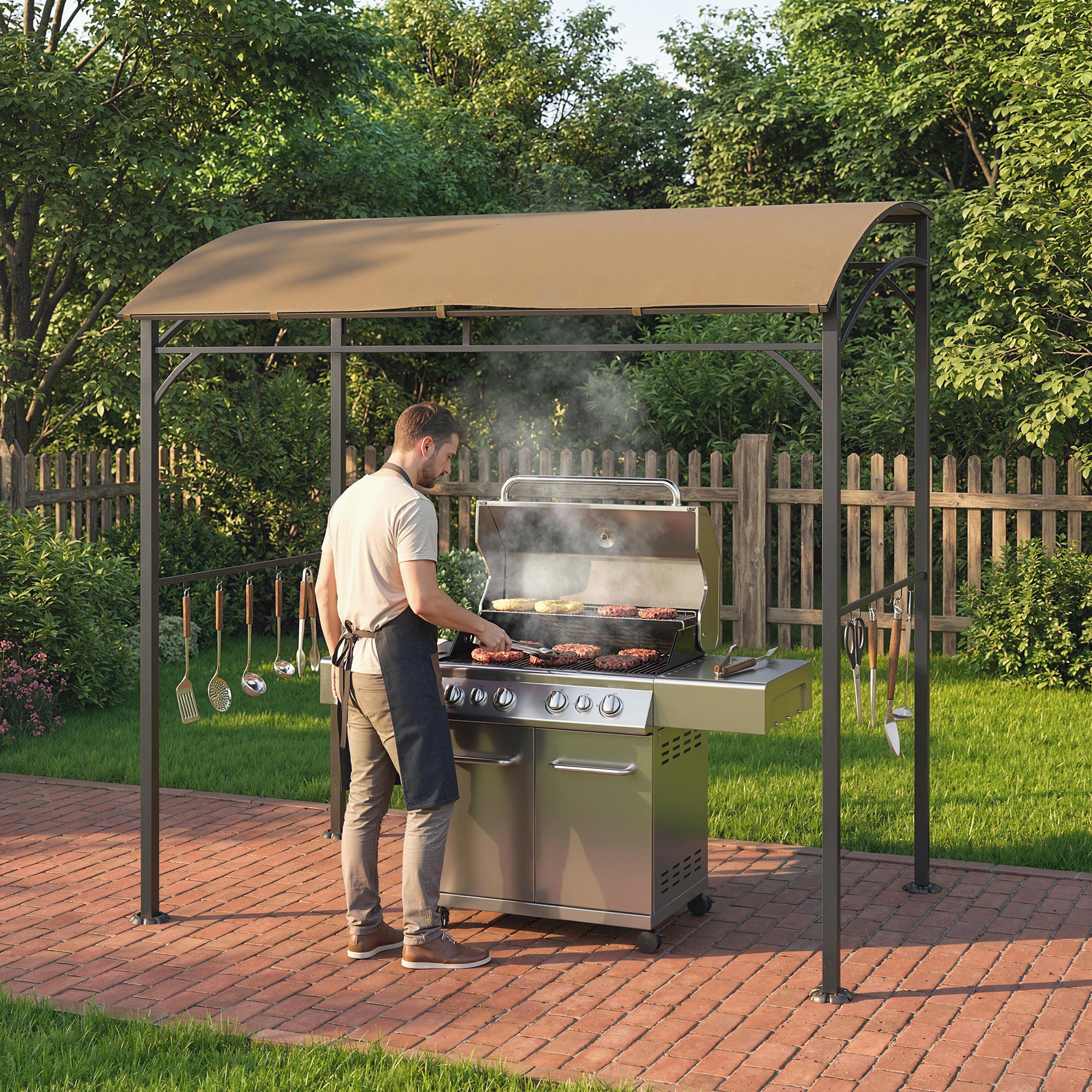 7' x 5' BBQ Grill Gazebo - Dark Coffee Steel Frame Canopy