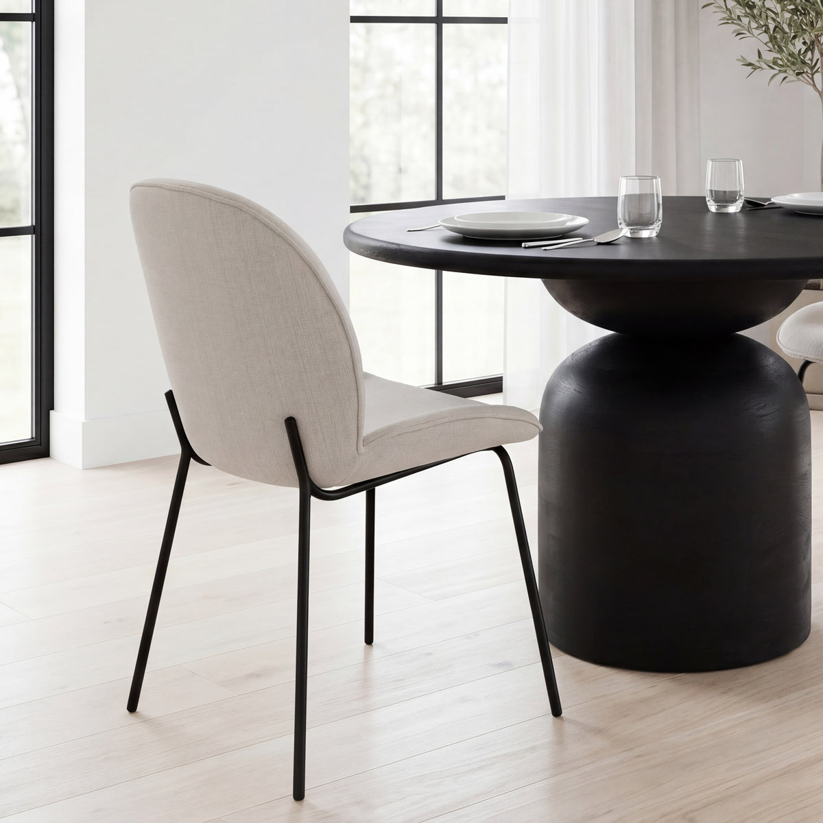 Inala Curved Back Dining Side Chair | White Fabric w/ Black Metal-Dining Chairs-DECOROLALA