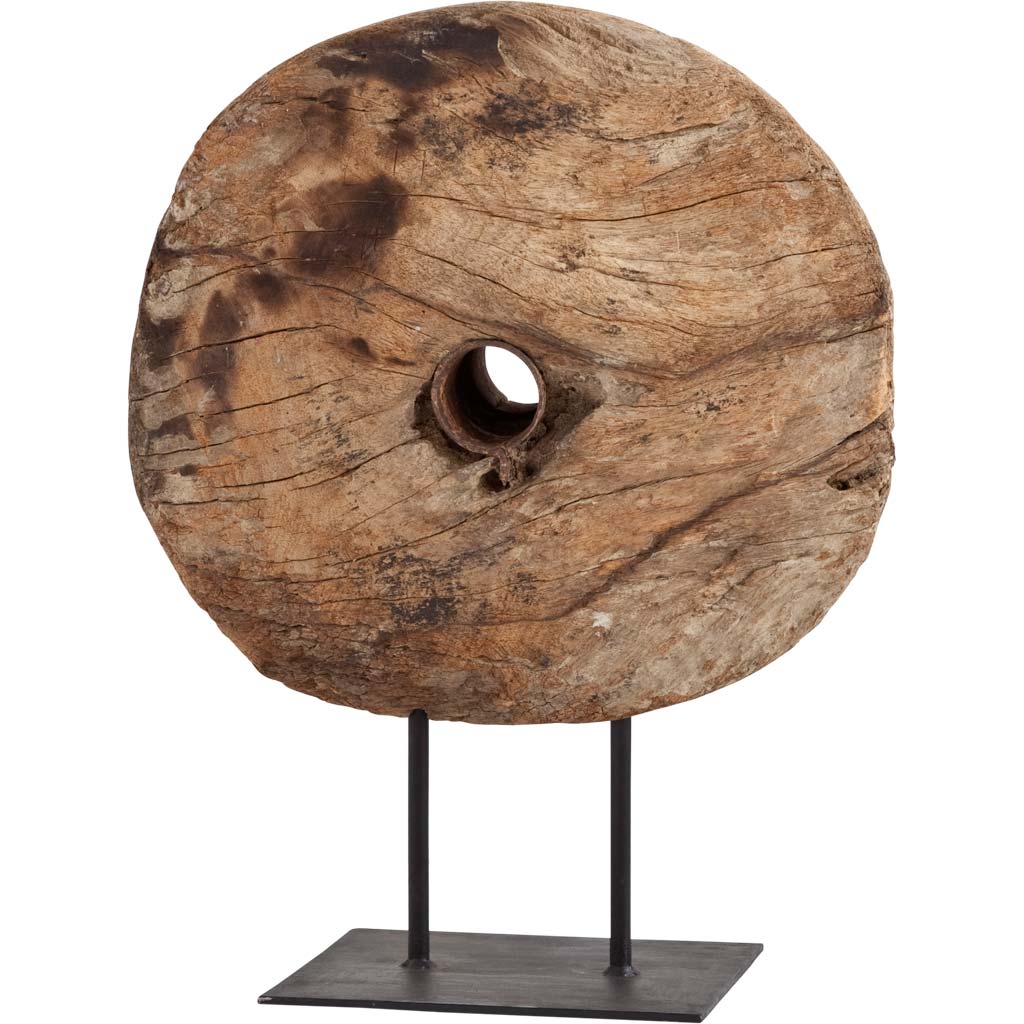 Incana Reclaimed Wood Antique Tractor Wheel on Metal Stand-Objects-DECOROLALA