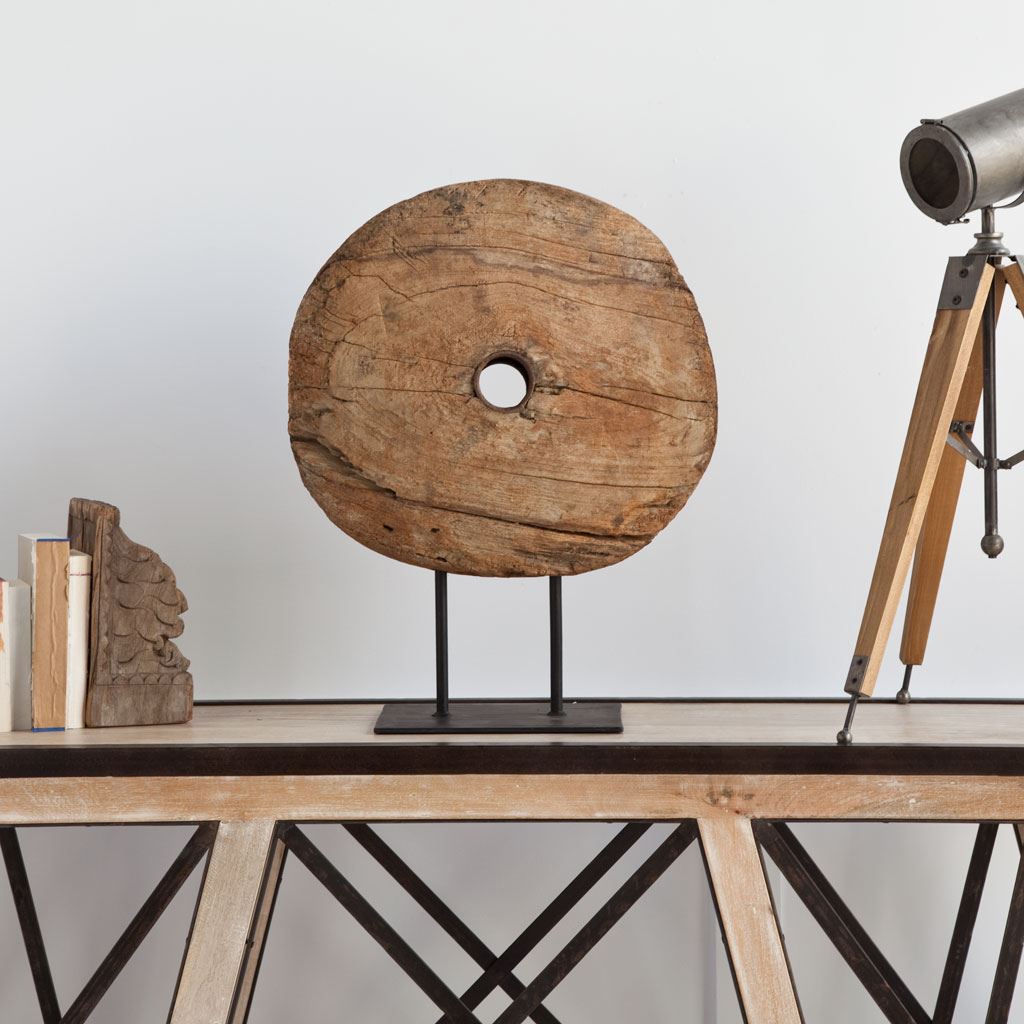 Incana Reclaimed Wood Antique Tractor Wheel on Metal Stand-Objects-DECOROLALA