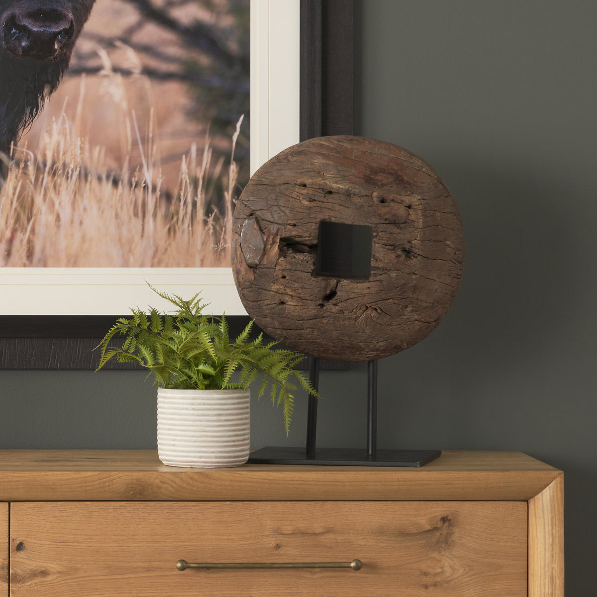 Incana Reclaimed Wood Antique Tractor Wheel on Metal Stand-Objects-DECOROLALA
