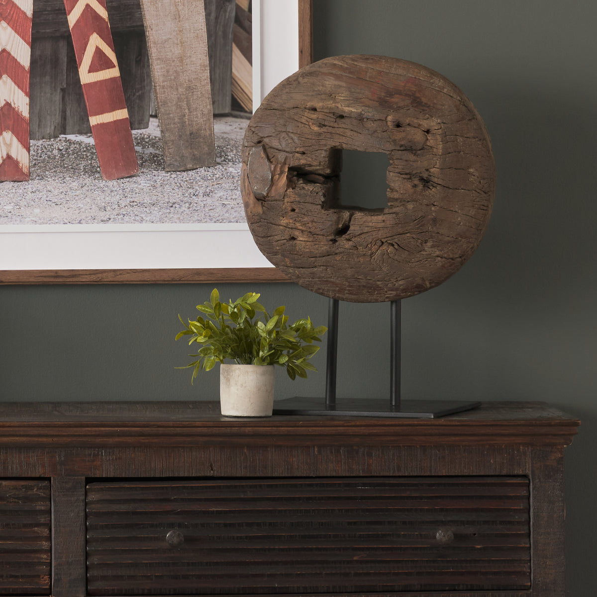 Incana Reclaimed Wood Antique Tractor Wheel on Metal Stand-Objects-DECOROLALA