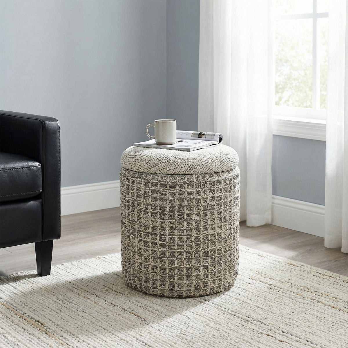 Indigo Storage Ottoman - Beige Charcoal-Storage Ottomans-DECOROLALA