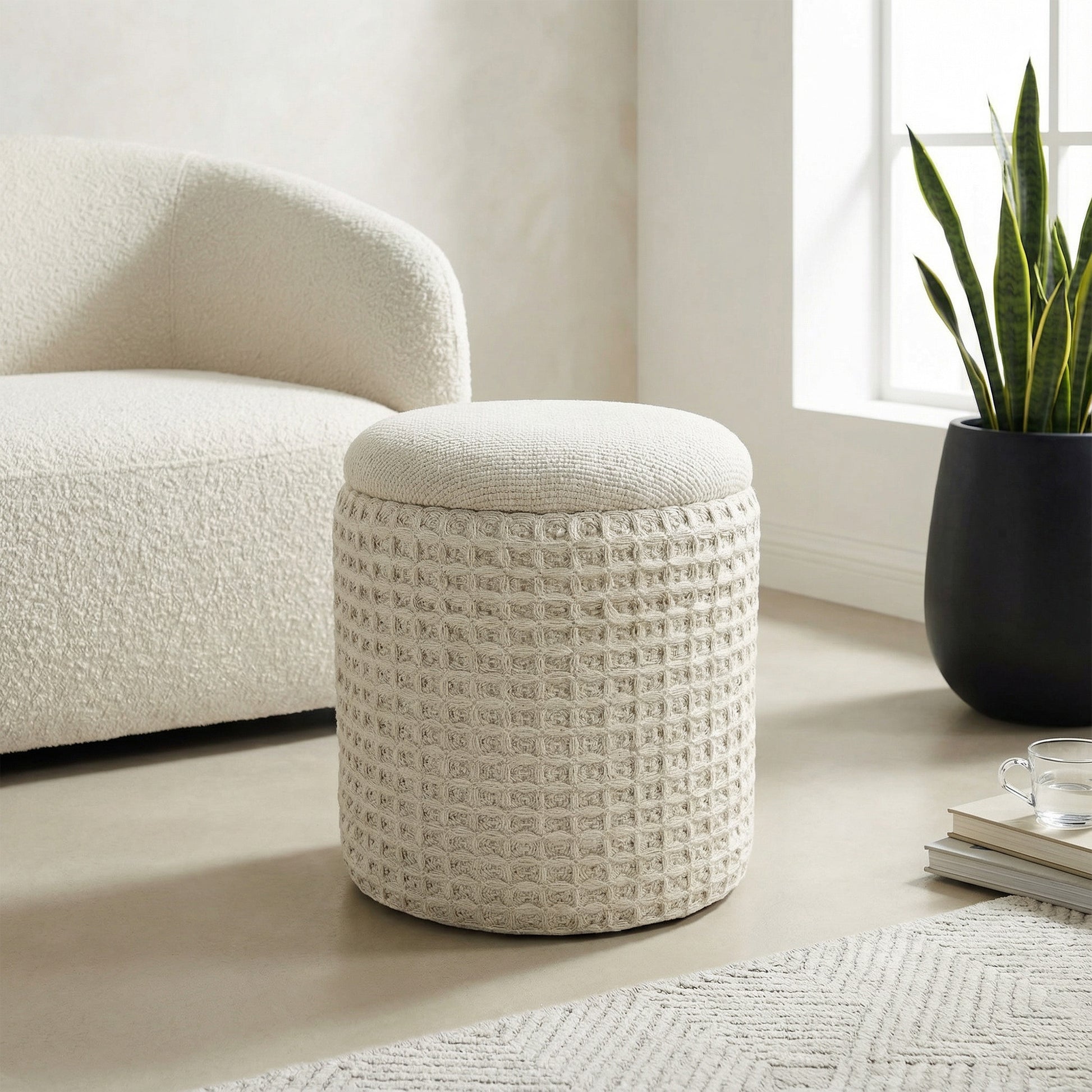 Indigo Storage Ottoman - Ivory Fully Assembled-DECOROLALA