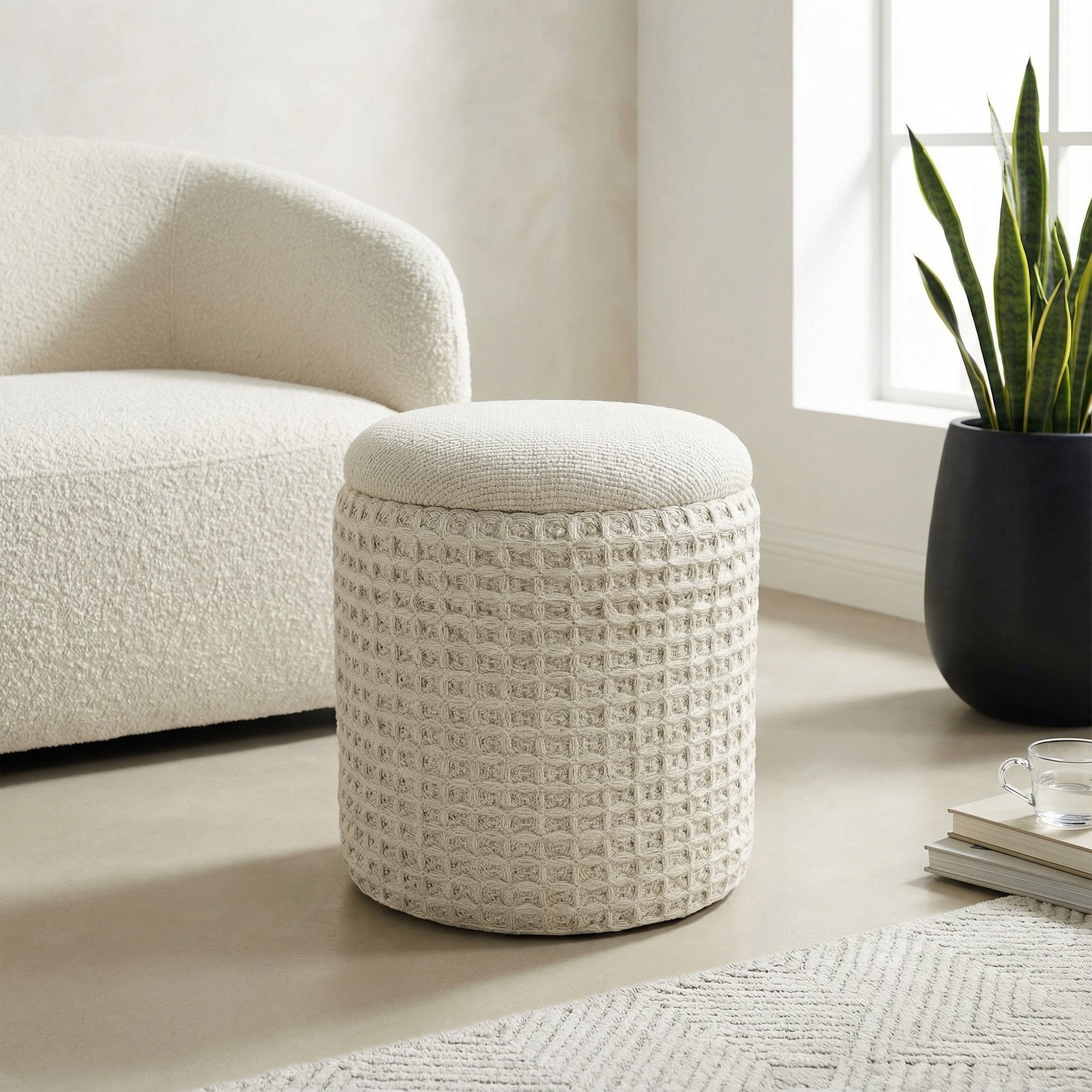 Indigo Storage Ottoman - Ivory Fully Assembled-DECOROLALA