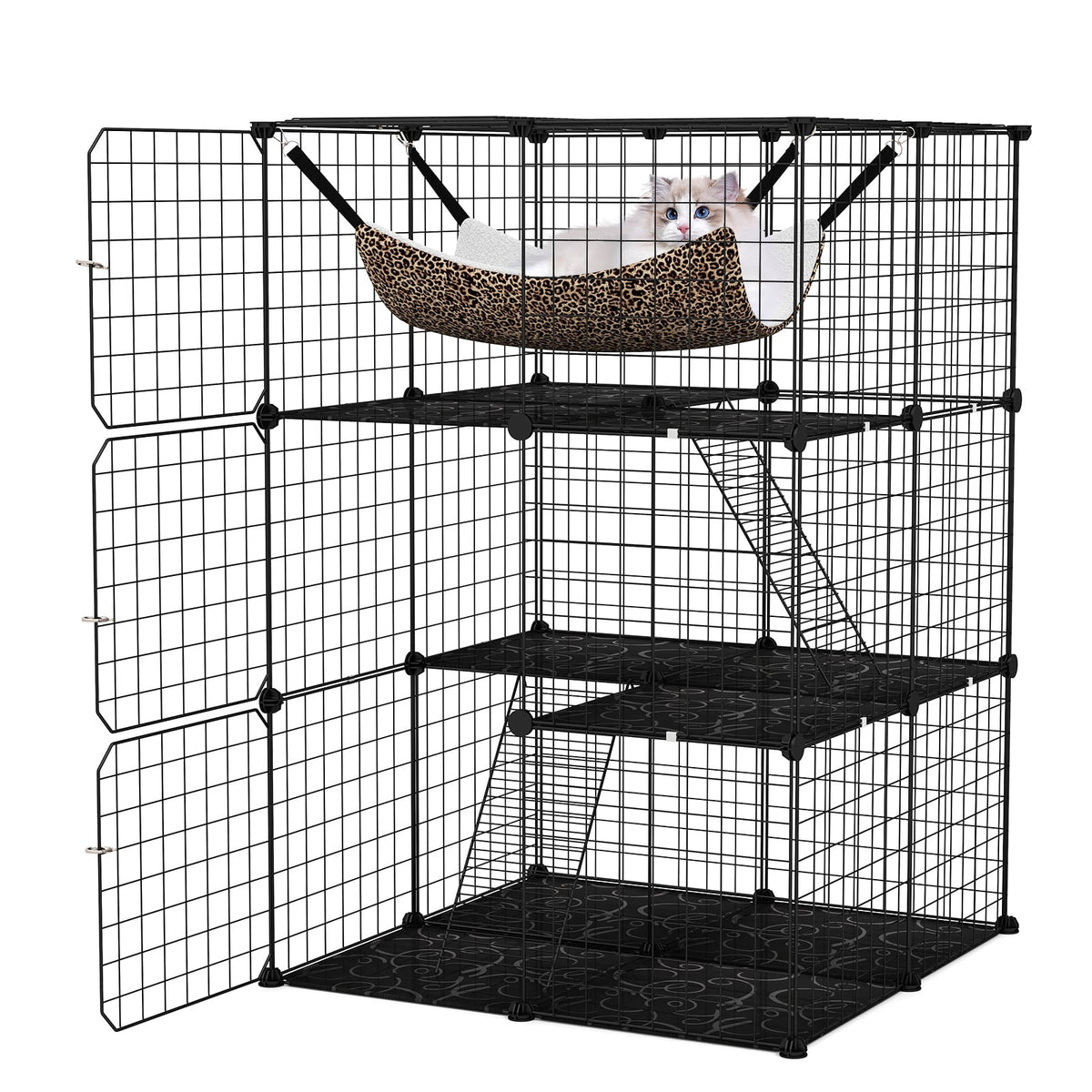 Indoor Cat Cage 3-Tier Cat Enclosure Detachable Metal Wire Kennel-Black-Cat Trees & Scratchers-DECOROLALA
