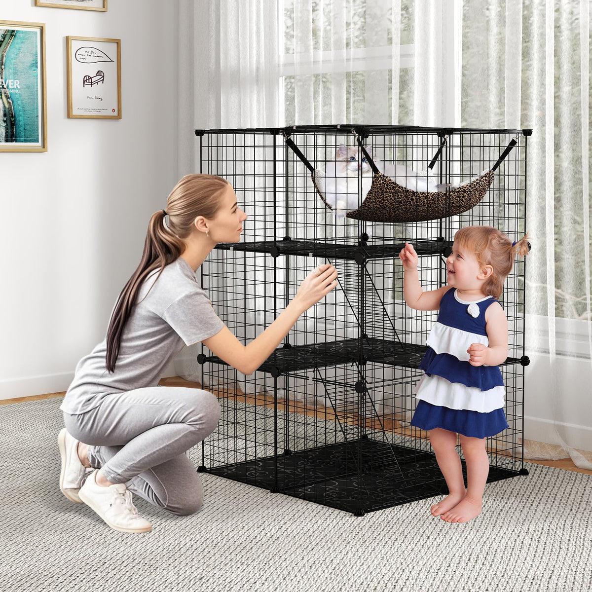 Indoor Cat Cage 3-Tier Cat Enclosure Detachable Metal Wire Kennel-Black-Cat Trees & Scratchers-DECOROLALA