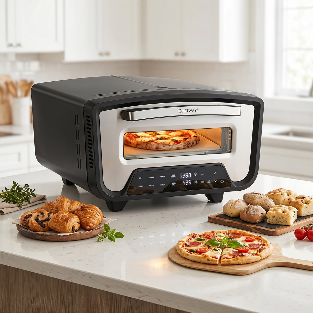 Indoor Electric Pizza Oven for 12" Pizzas with 8 Presets-Black-Toaster Ovens-DECOROLALA