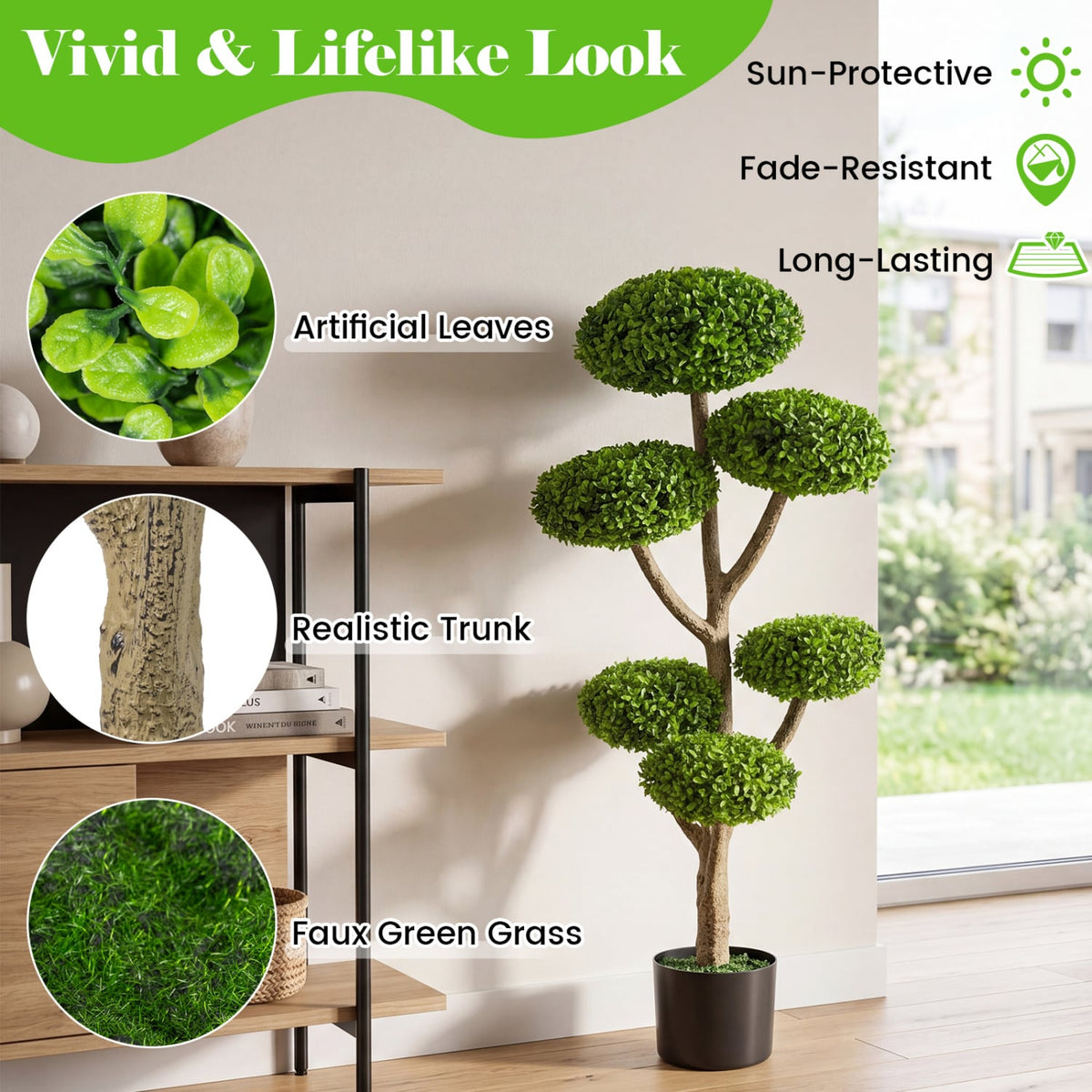 Indoor Outdoor 6 Balls Topiary Tree with Realistic Trunk and Weighted Cement-Filled Base-Artificial Plants-DECOROLALA
