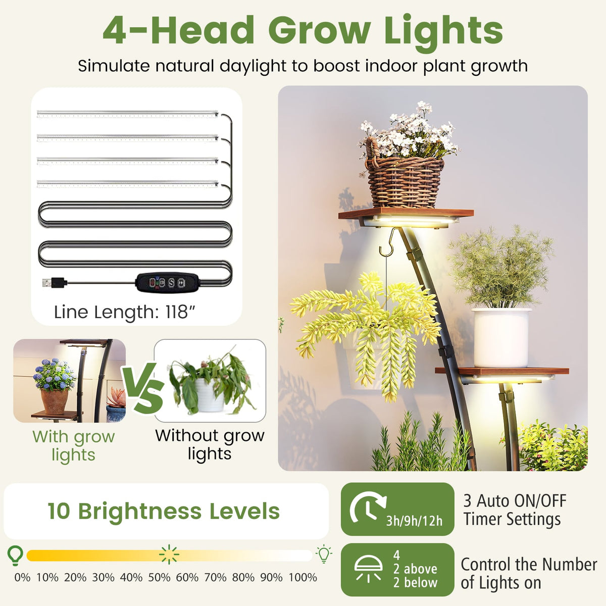 Indoor Plant Stand with Grow Lights Tall 8-Tier Corner Metal Plant Shelf-Set of 2-Plant Stands-DECOROLALA