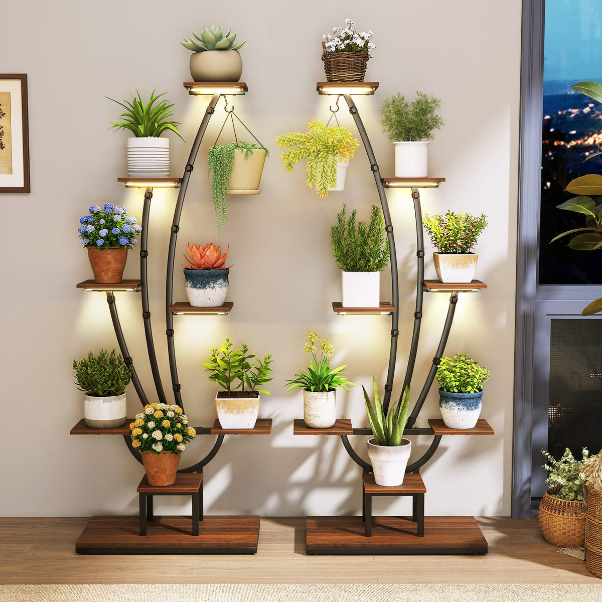 Indoor Plant Stand with Grow Lights Tall 8-Tier Corner Metal Plant Shelf-Set of 2-Plant Stands-DECOROLALA