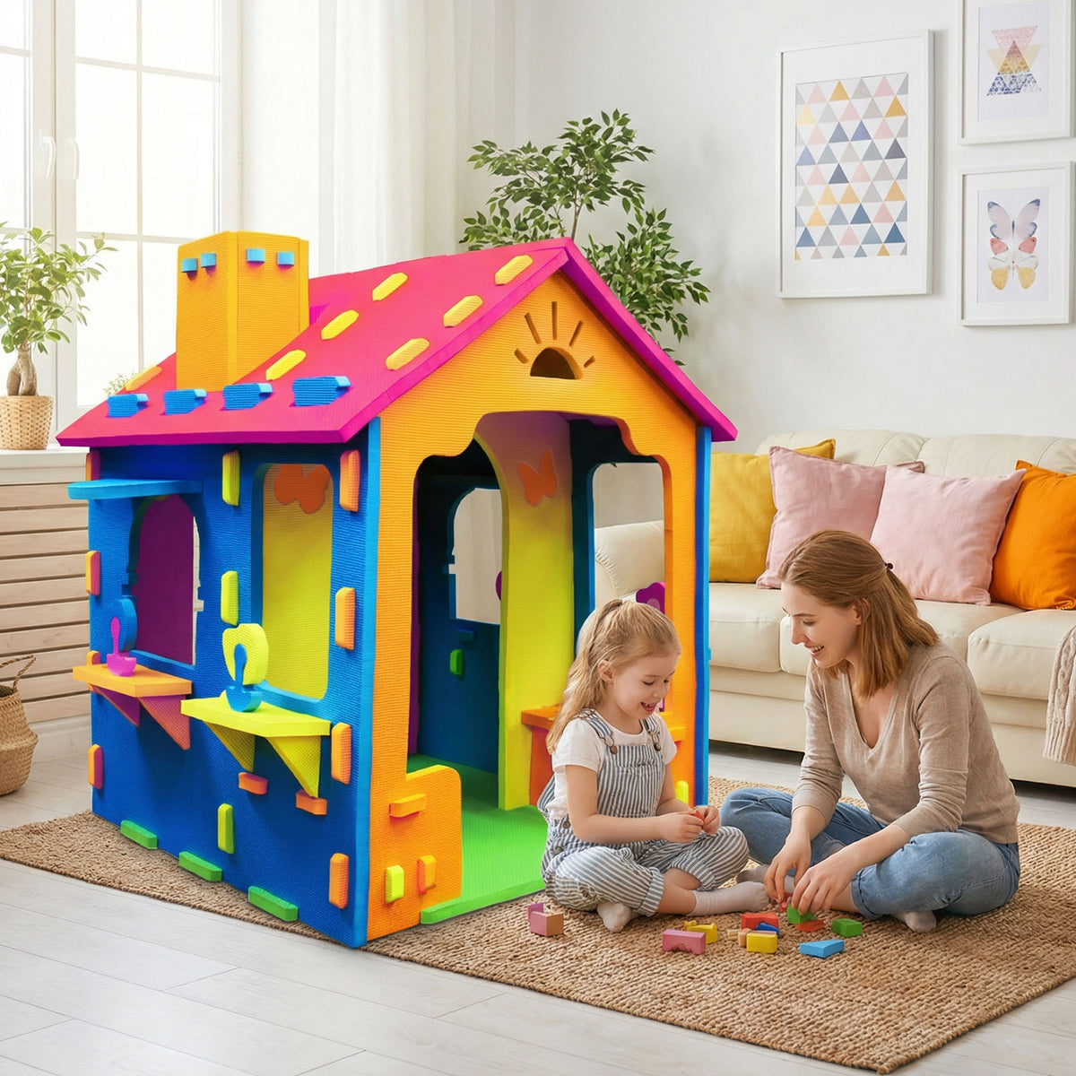 Maisonnette d'intérieur avec toit et cheminée pour jeux créatifs