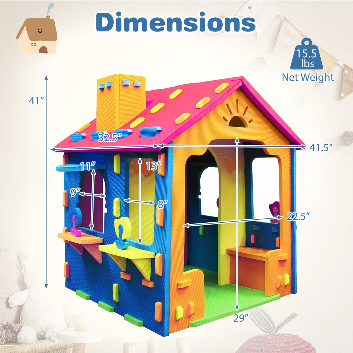 Maisonnette d'intérieur avec toit et cheminée pour jeux créatifs
