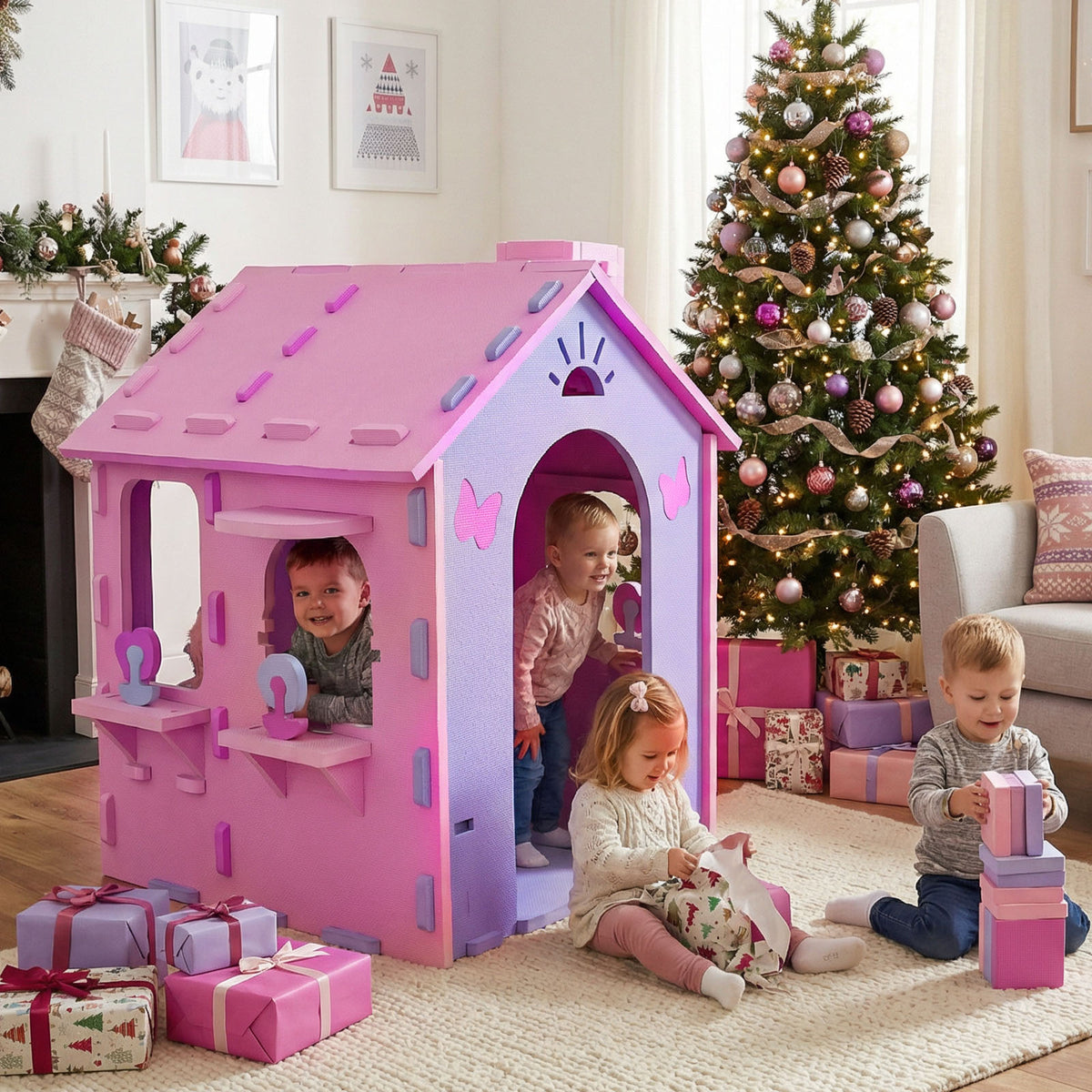 Maisonnette d'intérieur avec toit et cheminée pour jeux créatifs