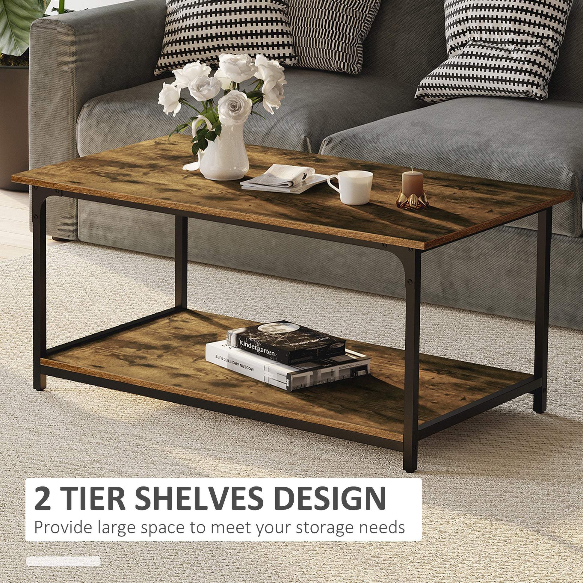 Industrial 2-Tier Coffee Table - Rustic Brown 39.4"-Home Furnishings > Living Room Furniture > Coffee Tables-DECOROLALA