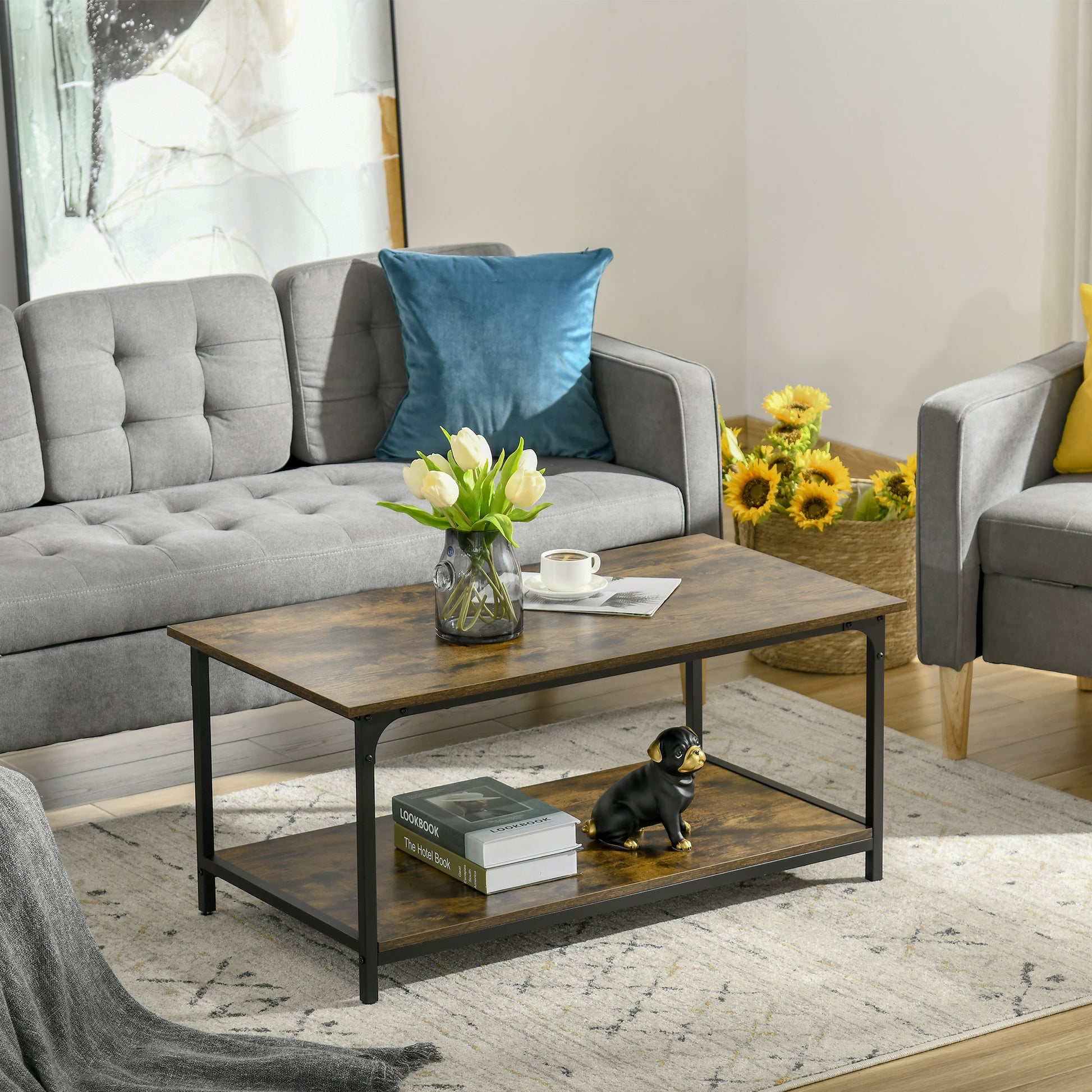 Industrial 2-Tier Coffee Table - Rustic Brown 39.4"-Home Furnishings > Living Room Furniture > Coffee Tables-DECOROLALA