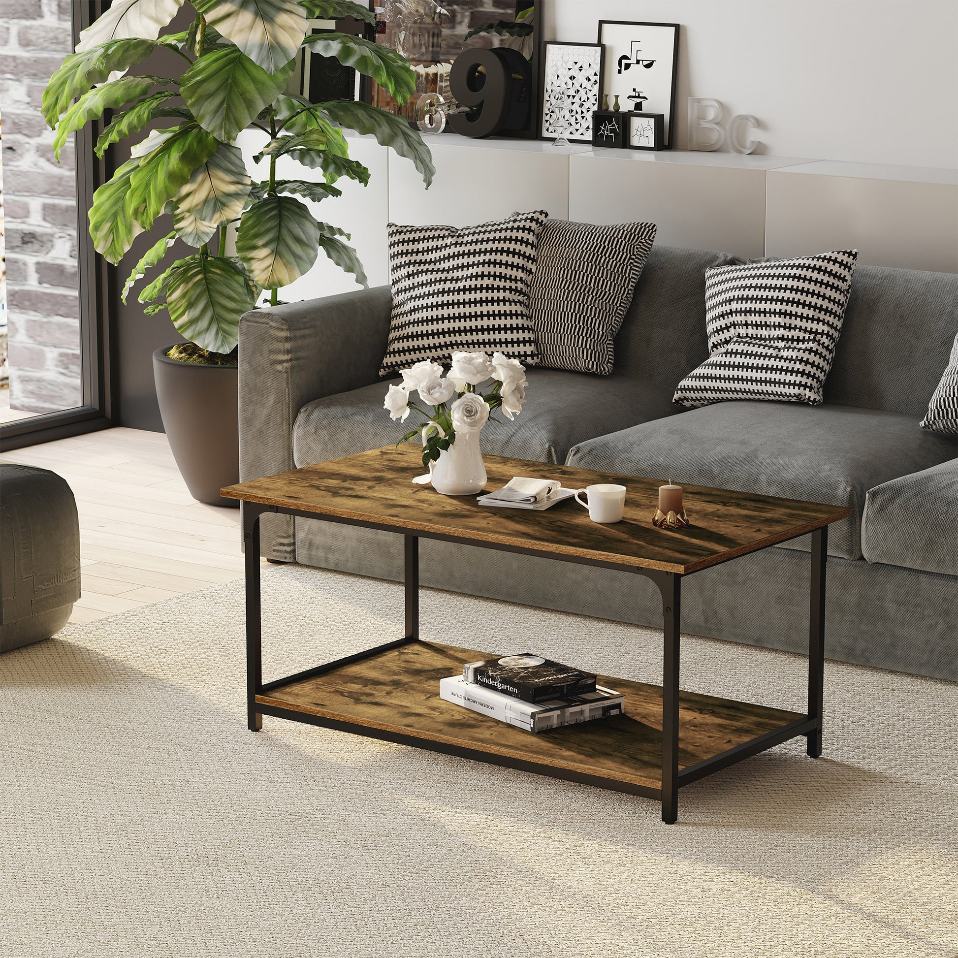 Industrial 2-Tier Coffee Table - Rustic Brown 39.4"-Home Furnishings > Living Room Furniture > Coffee Tables-DECOROLALA