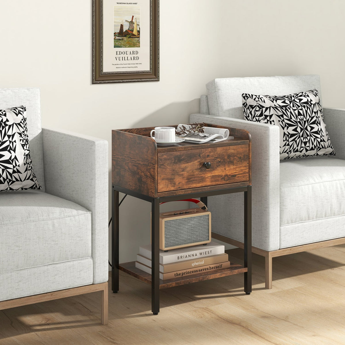 Industrial Bedside Table Nightstand with Charging Station-Rustic Brown-Nightstands-DECOROLALA