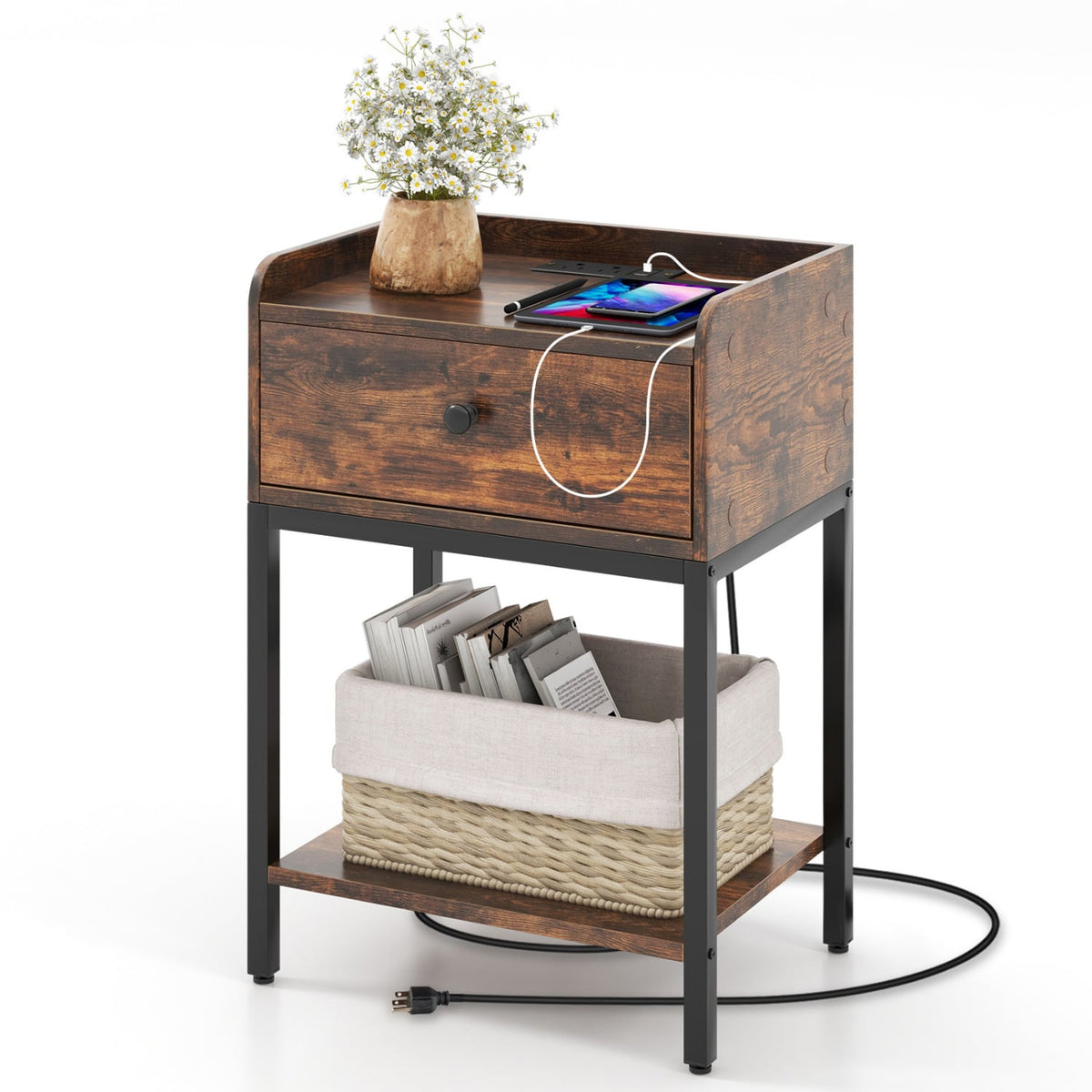 Industrial Bedside Table Nightstand with Charging Station-Rustic Brown-Nightstands-DECOROLALA