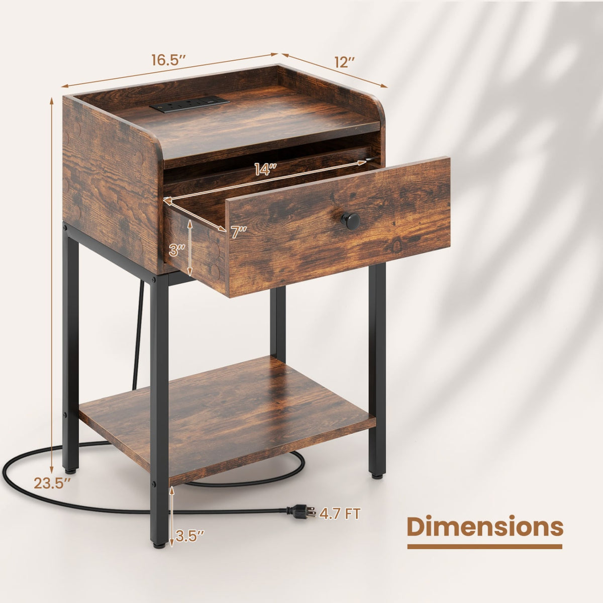 Industrial Bedside Table Nightstand with Charging Station-Rustic Brown-Nightstands-DECOROLALA