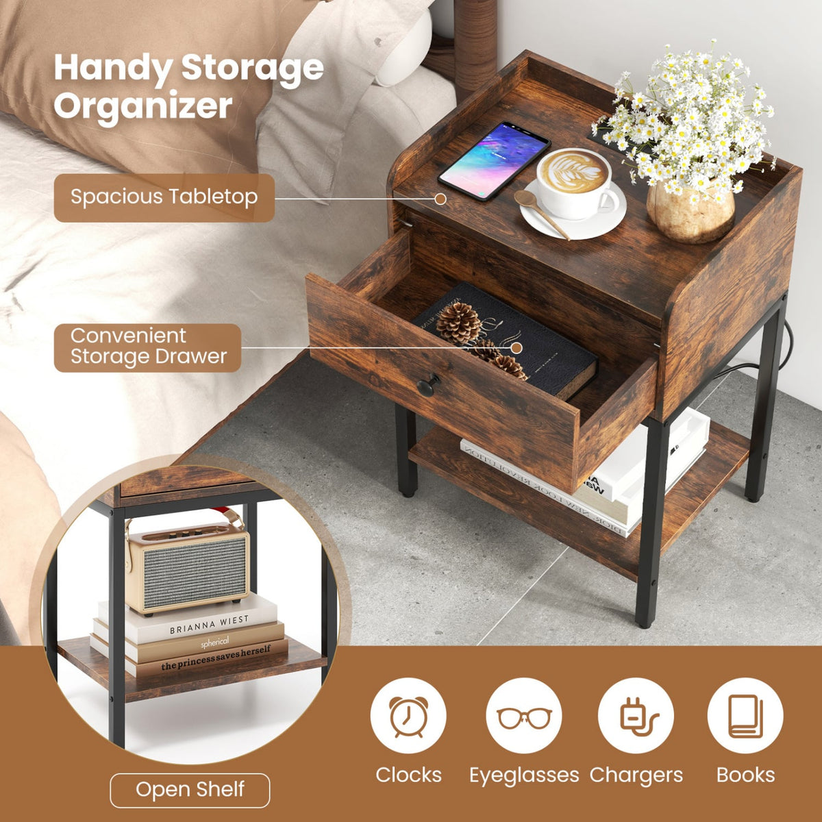 Industrial Bedside Table Nightstand with Charging Station-Rustic Brown-Nightstands-DECOROLALA